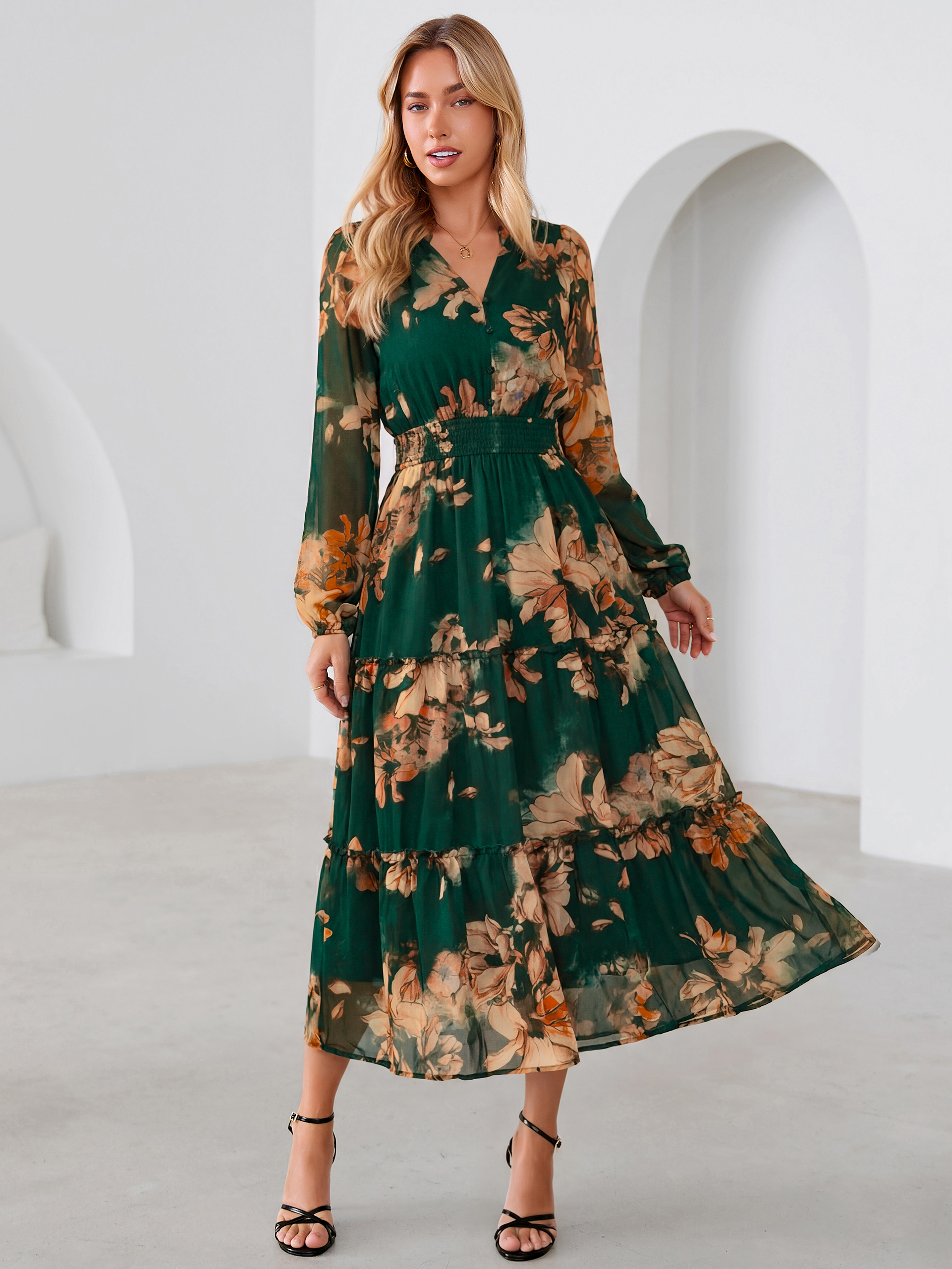 Floral Chiffon Button V Neck Tiered Maxi Dress - Dark Green Floral