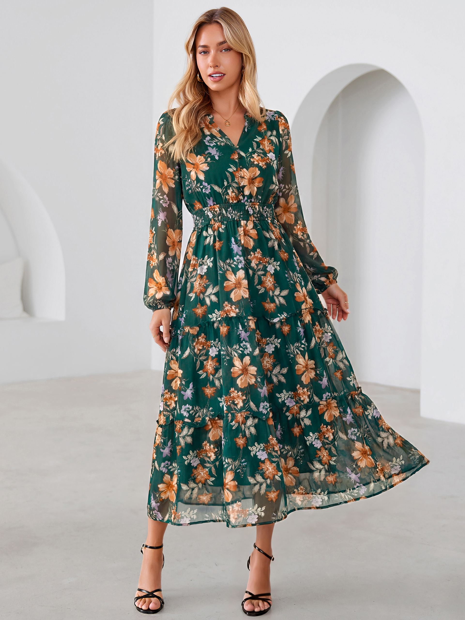 Floral Chiffon Button V Neck Tiered Maxi Dress - Green Yellow Floral