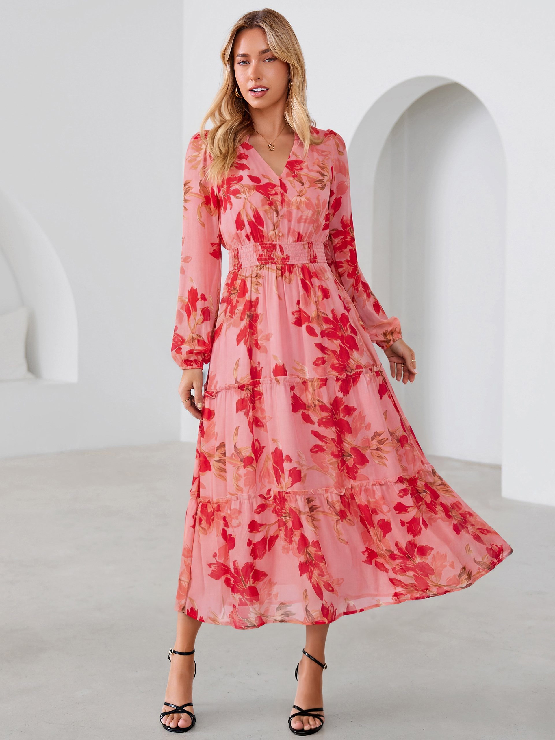Floral Chiffon Button V Neck Tiered Maxi Dress - Pink Floral