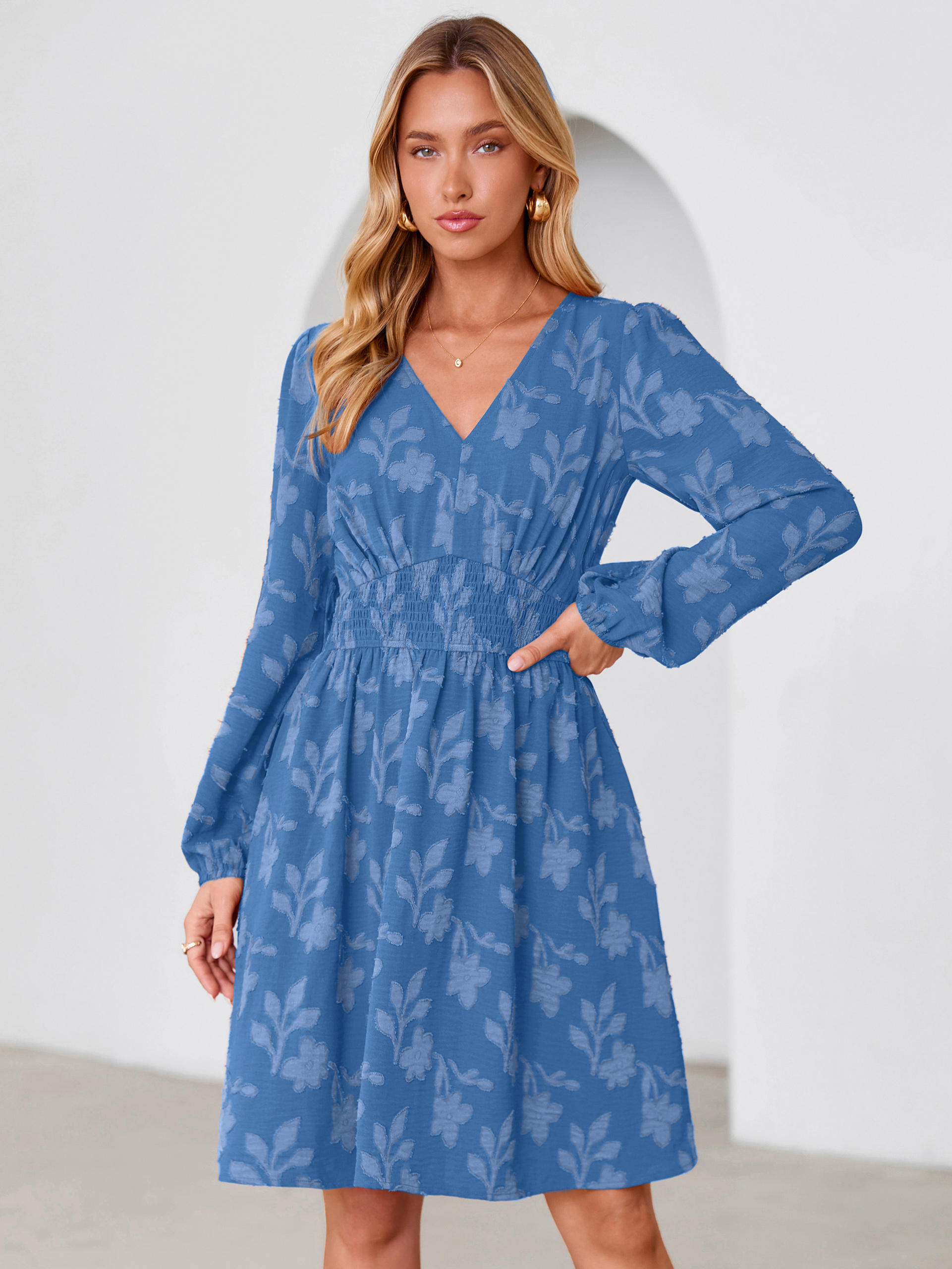 Burnout Floral Smocked V Neck Mini Dress - Blue