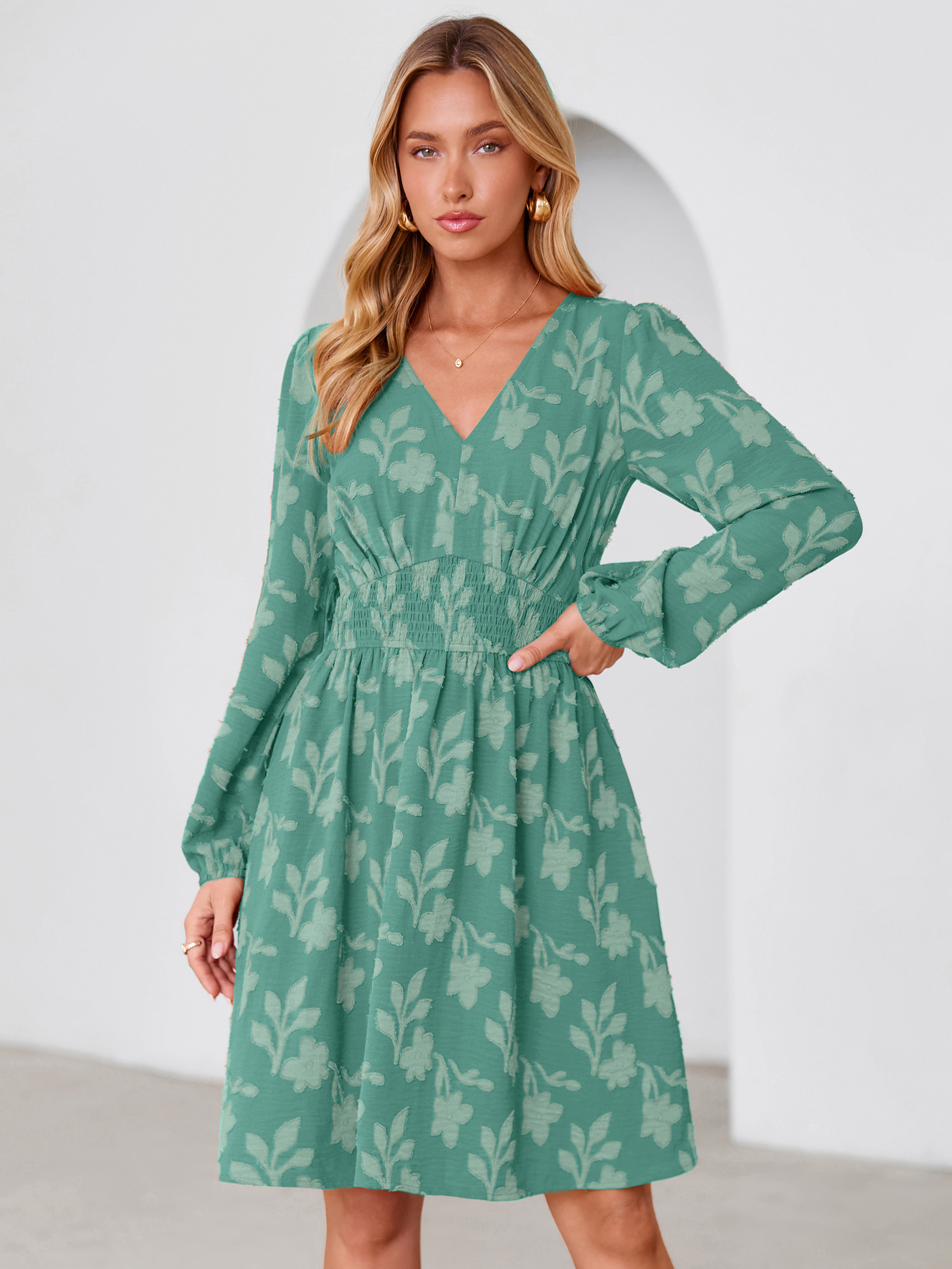 Burnout Floral Smocked V Neck Mini Dress - Green