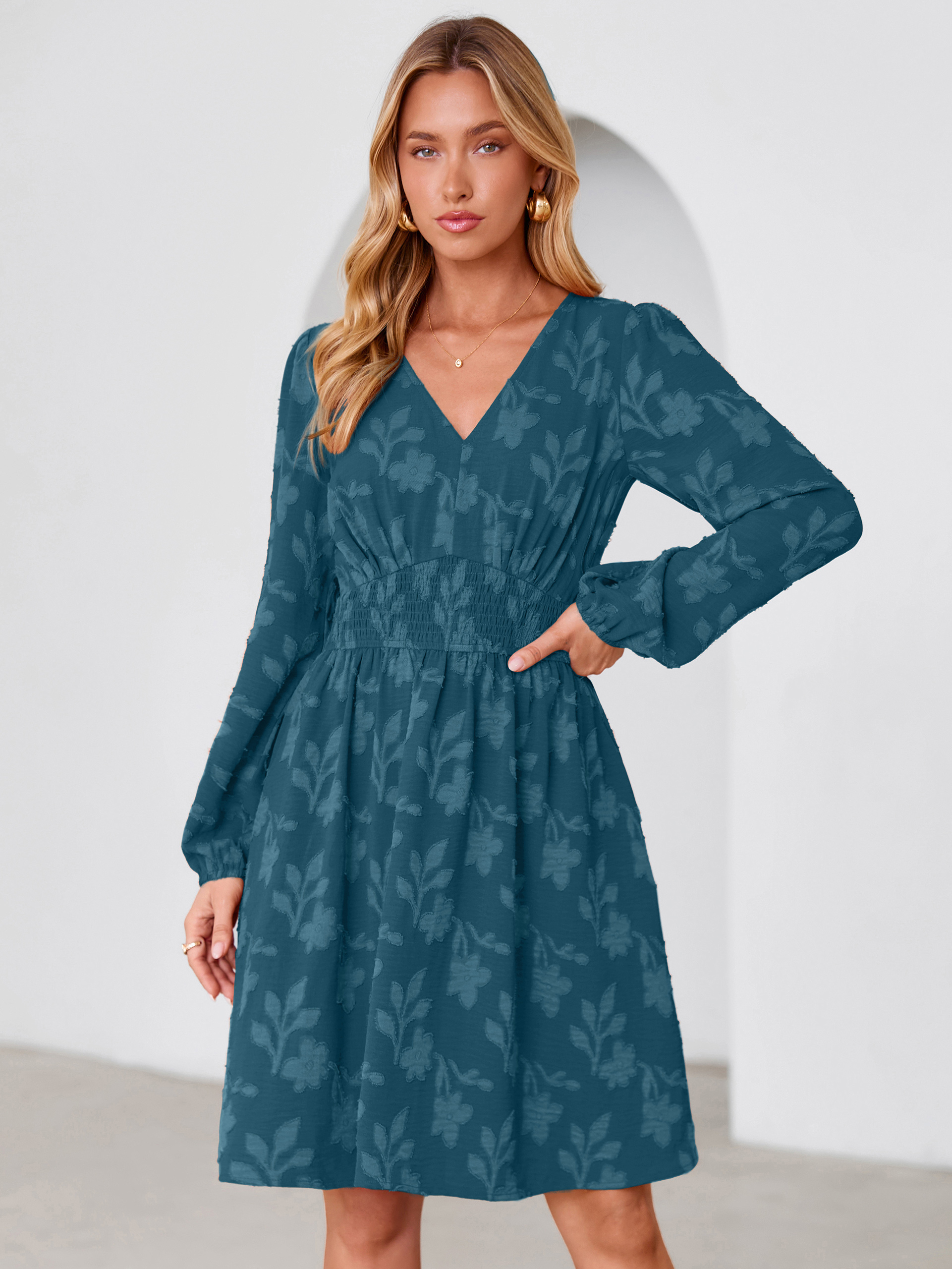 Burnout Floral Smocked V Neck Mini Dress - Lake Blue
