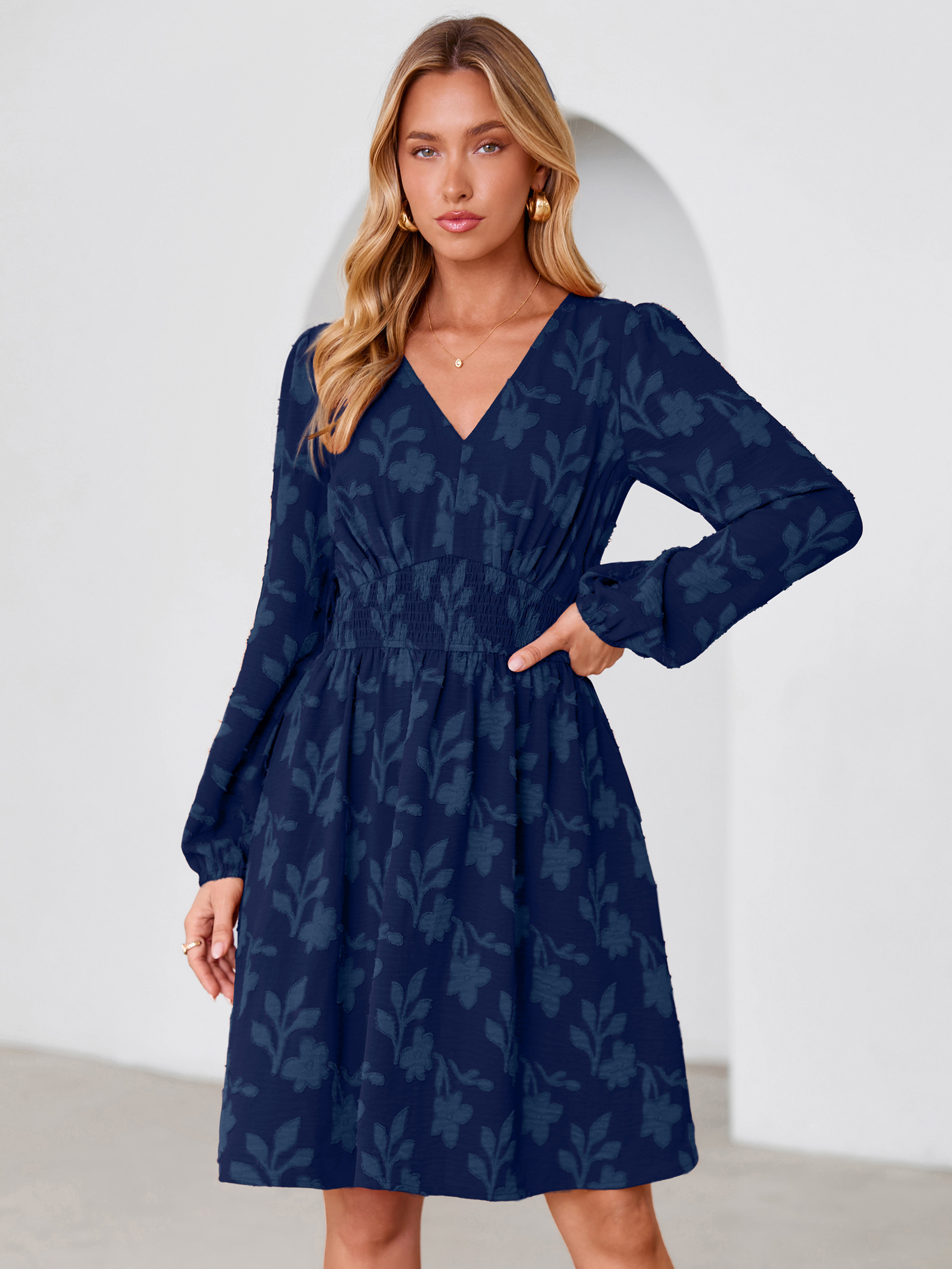 Burnout Floral Smocked V Neck Mini Dress - Navy Blue