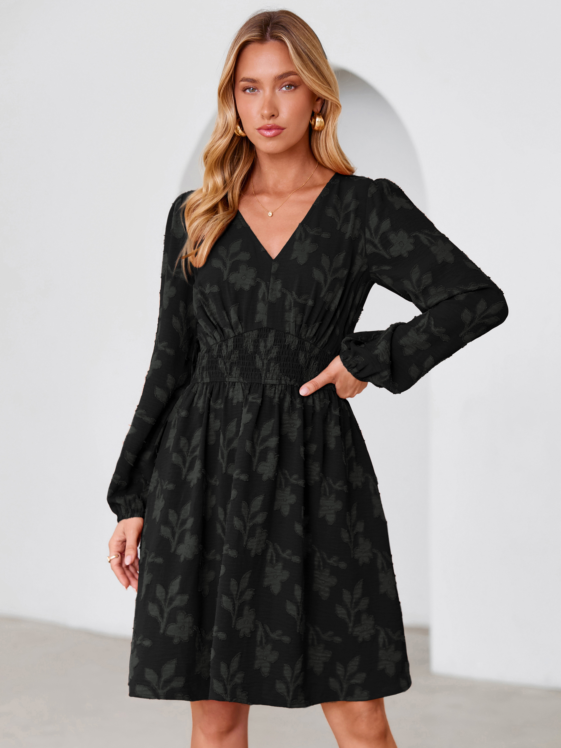 Burnout Floral Smocked V Neck Mini Dress - Black