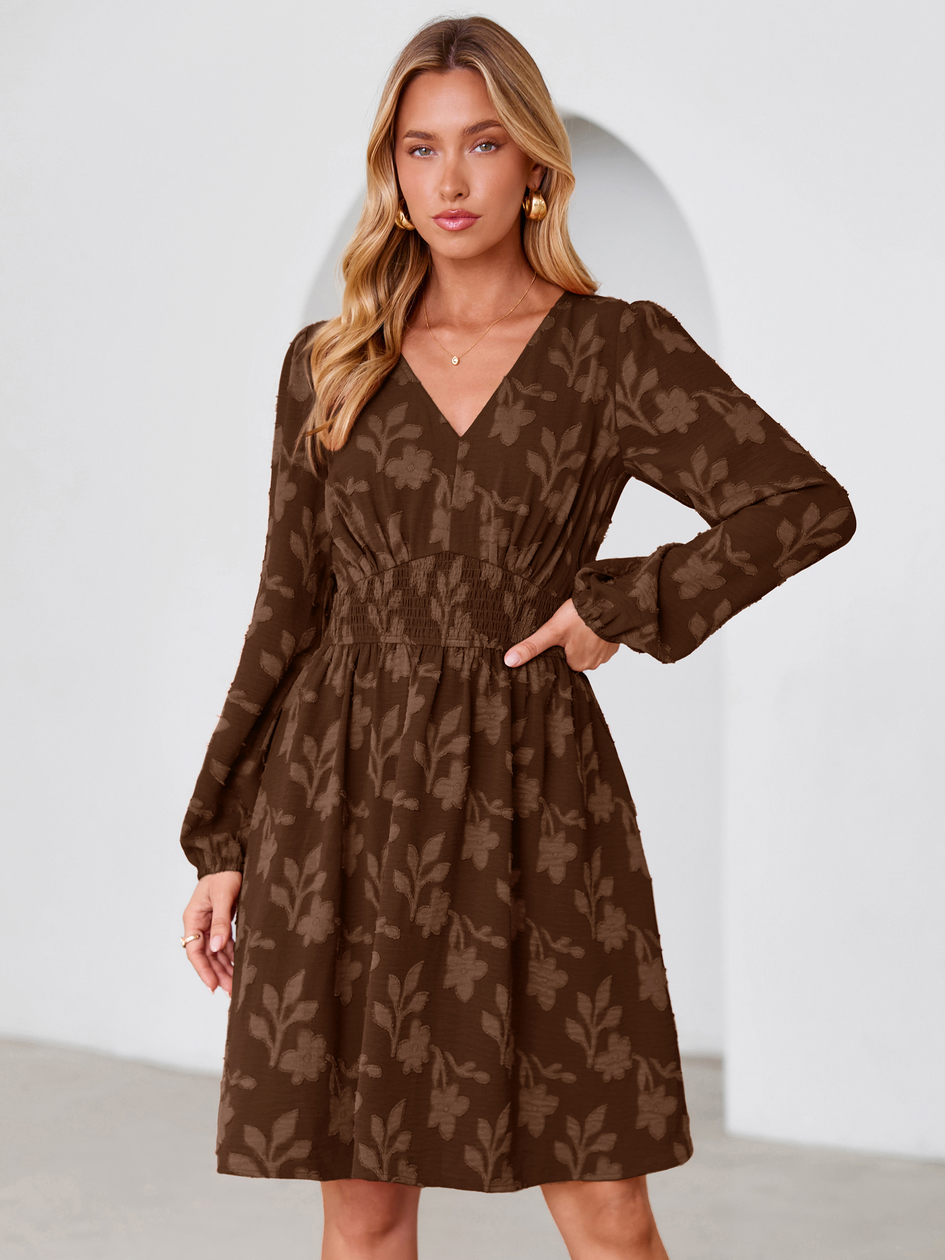 Burnout Floral Smocked V Neck Mini Dress - Chocolate Brown