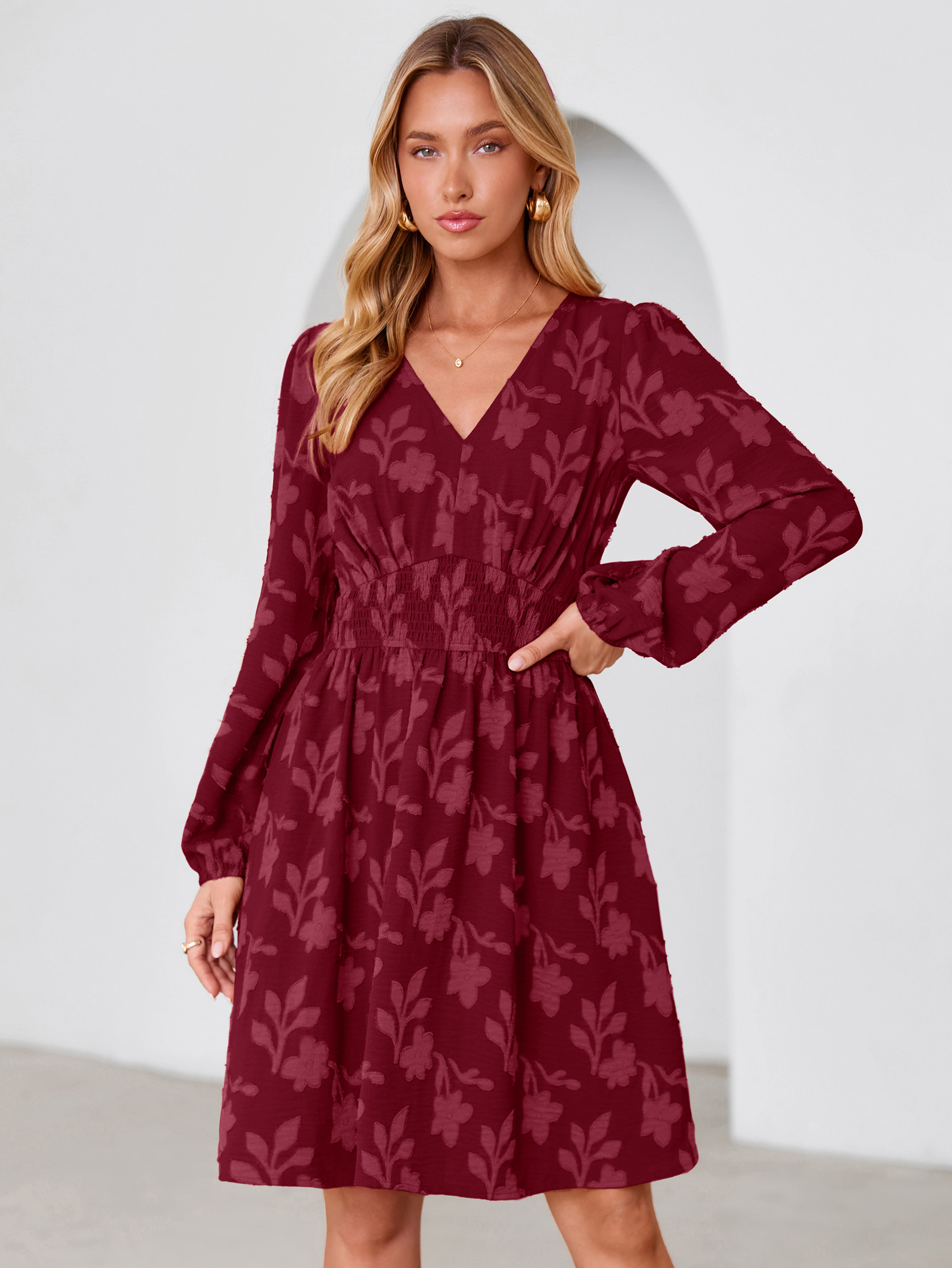 Burnout Floral Smocked V Neck Mini Dress - Wine Red