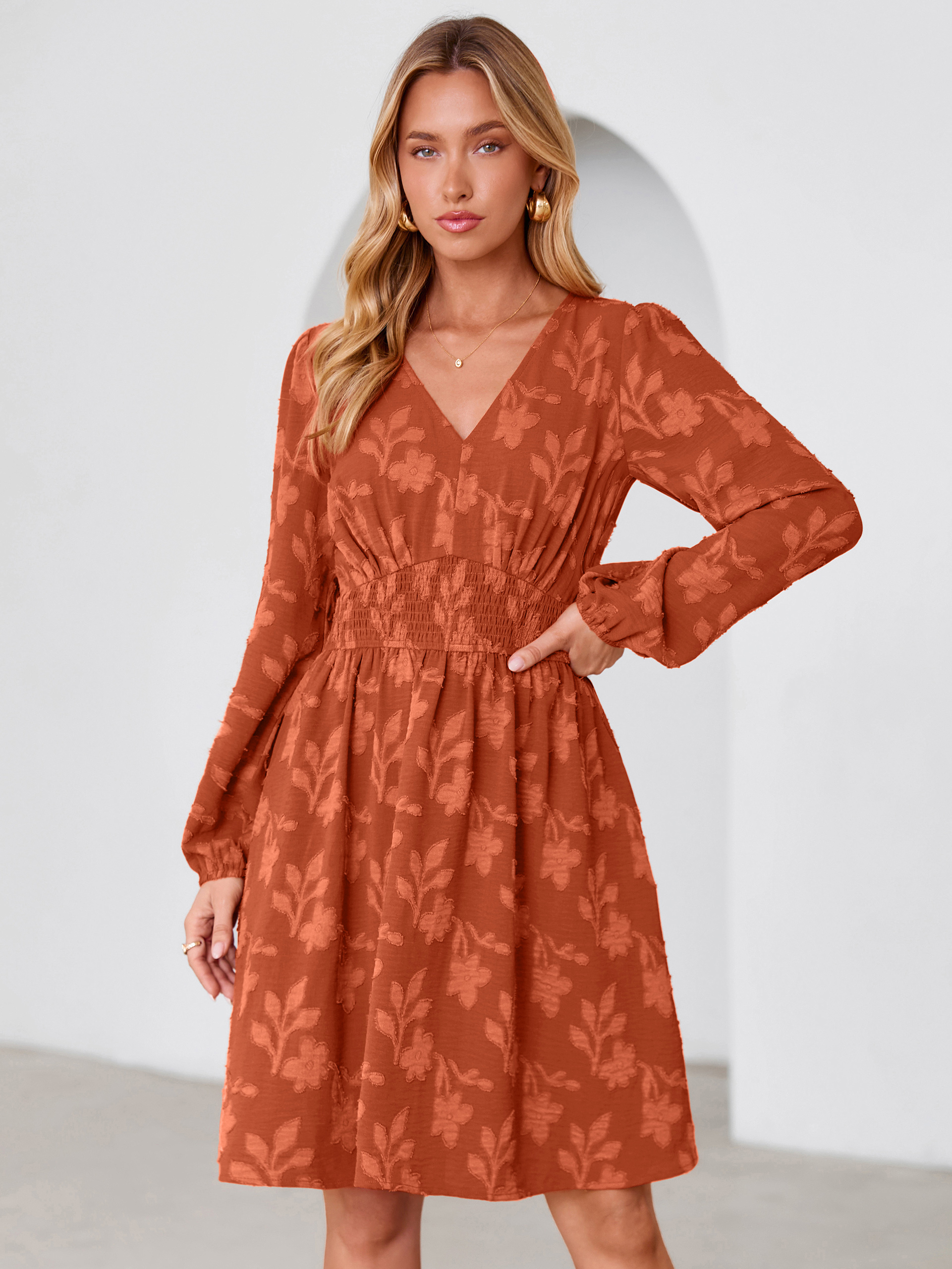 Burnout Floral Smocked V Neck Mini Dress - Earthy Orange