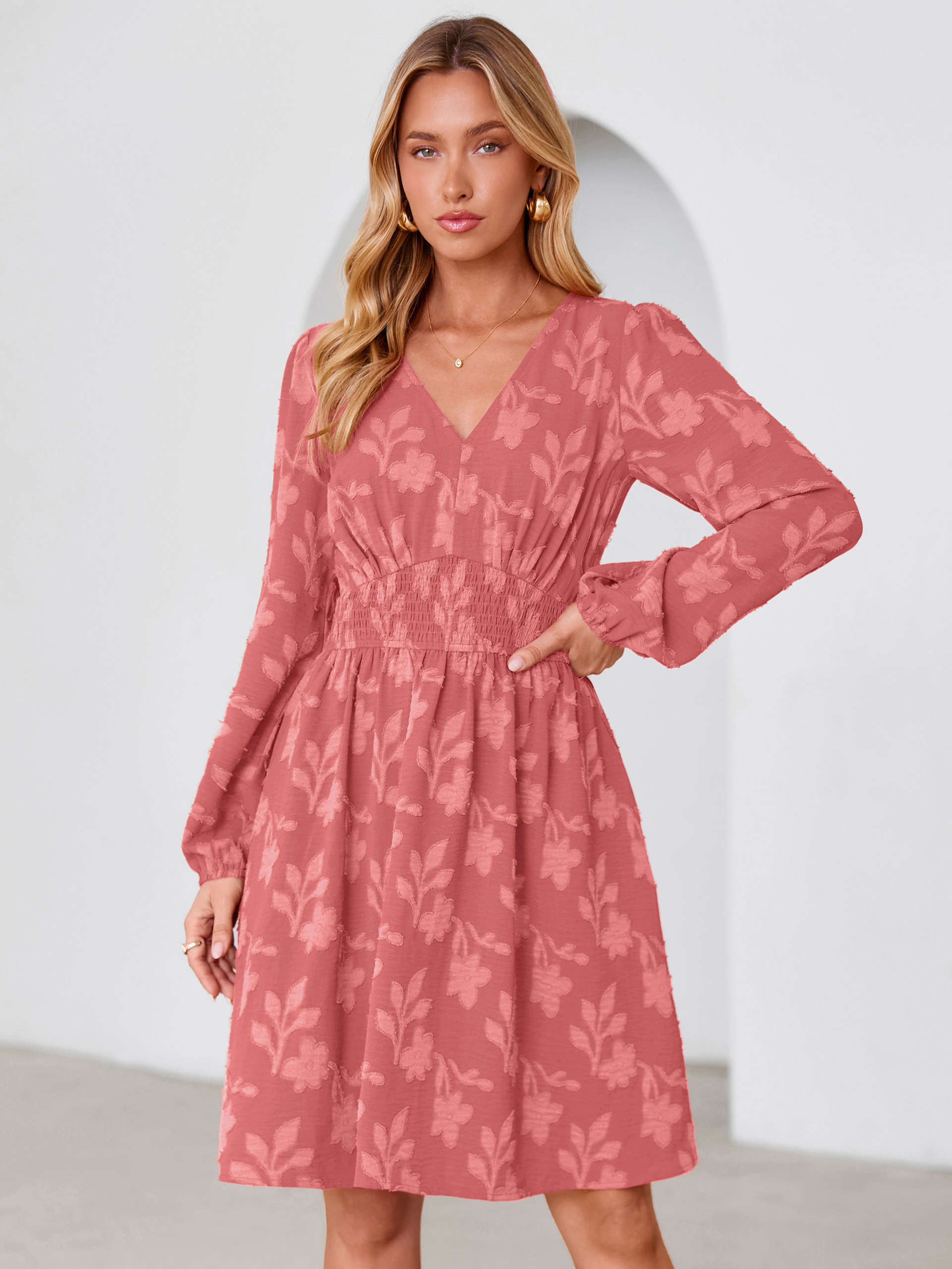 Burnout Floral Smocked V Neck Mini Dress - Rust Red