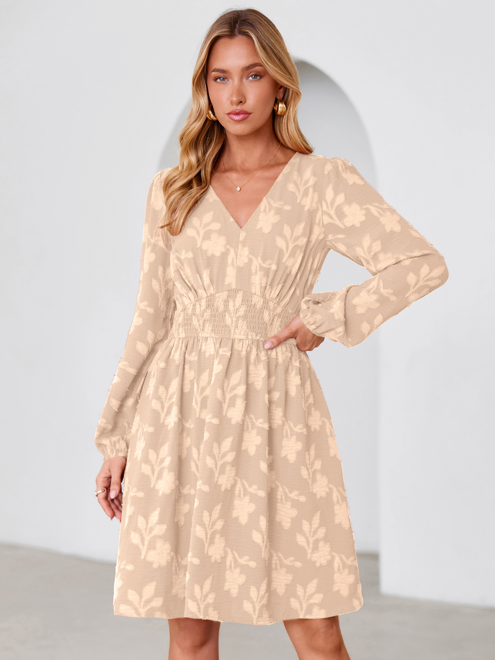 Burnout Floral Smocked V Neck Mini Dress - Apricot