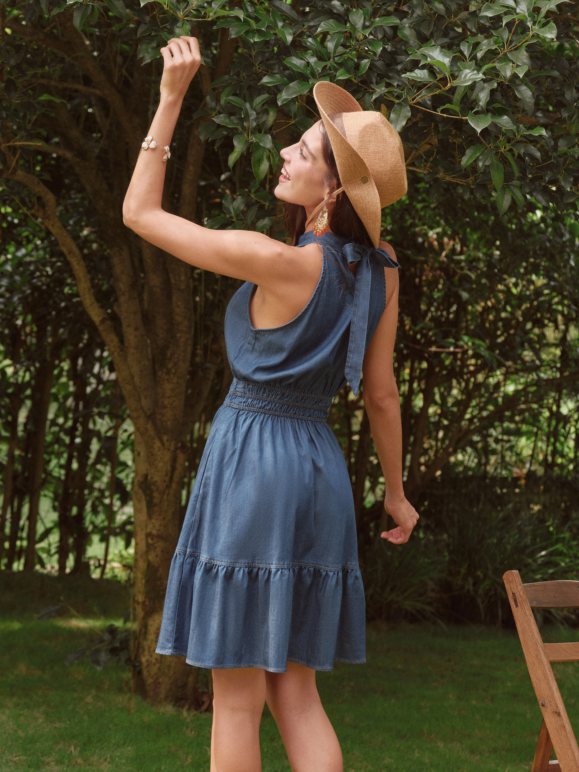 Halter Neck Lyocell Denim Pocket Mini Dress