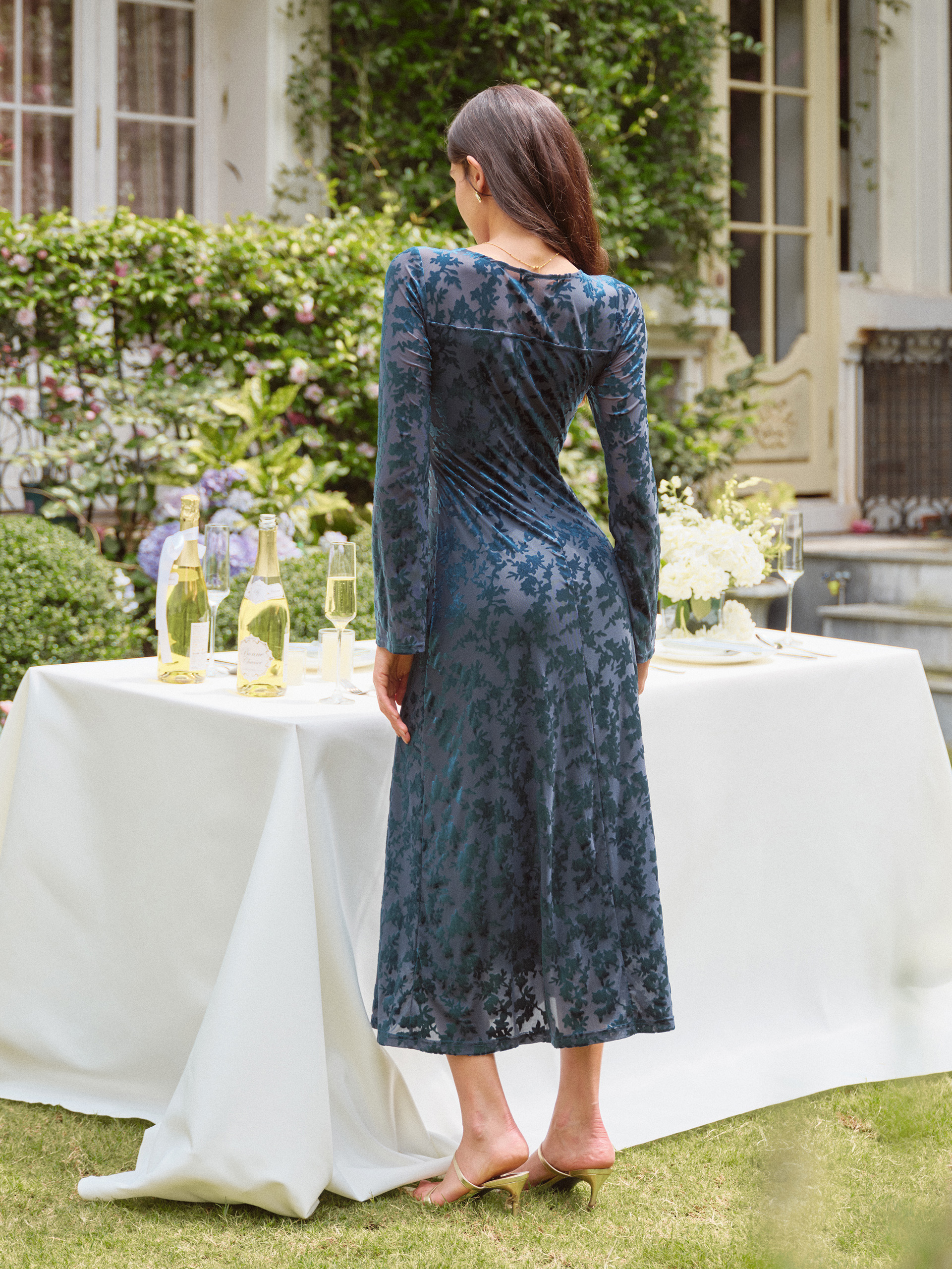 Floral Burnout Velvet Mesh Long Sleeve Maxi Dress