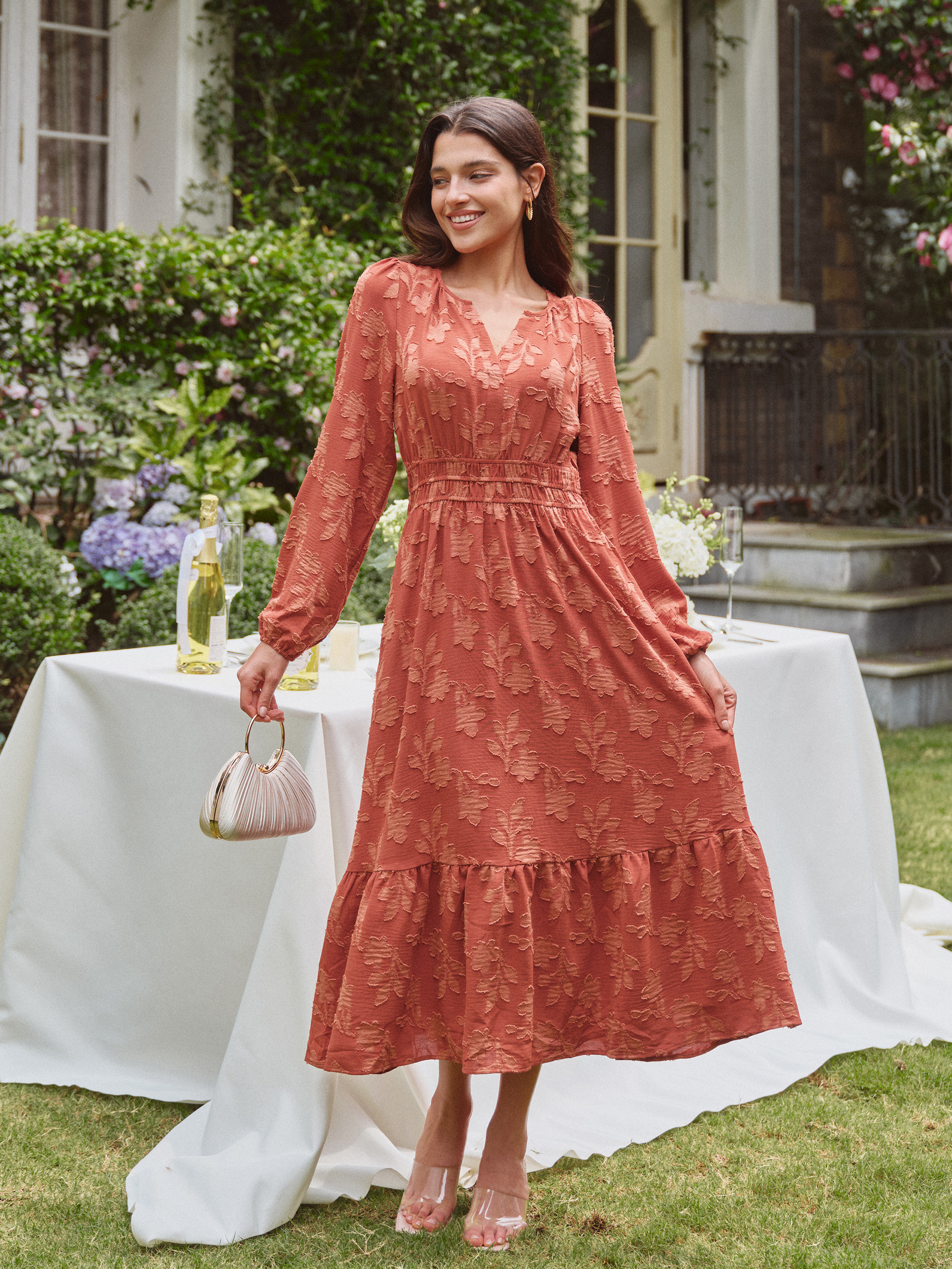 Floral Burnout V Neck Long Sleeve Maxi Dress