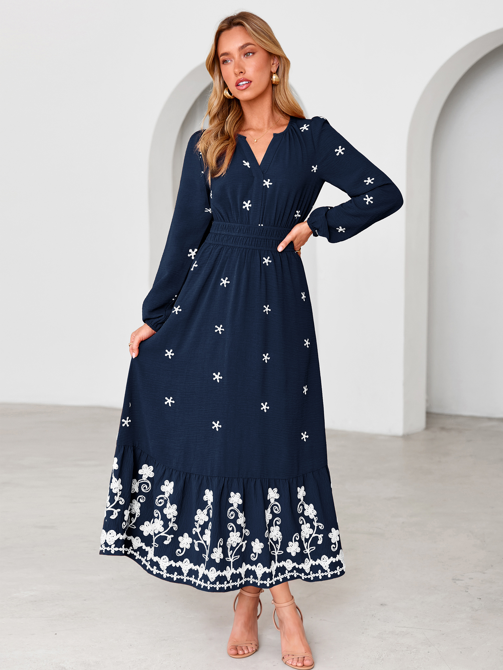 Boho Floral Embroidered Long Sleeve Maxi Dress