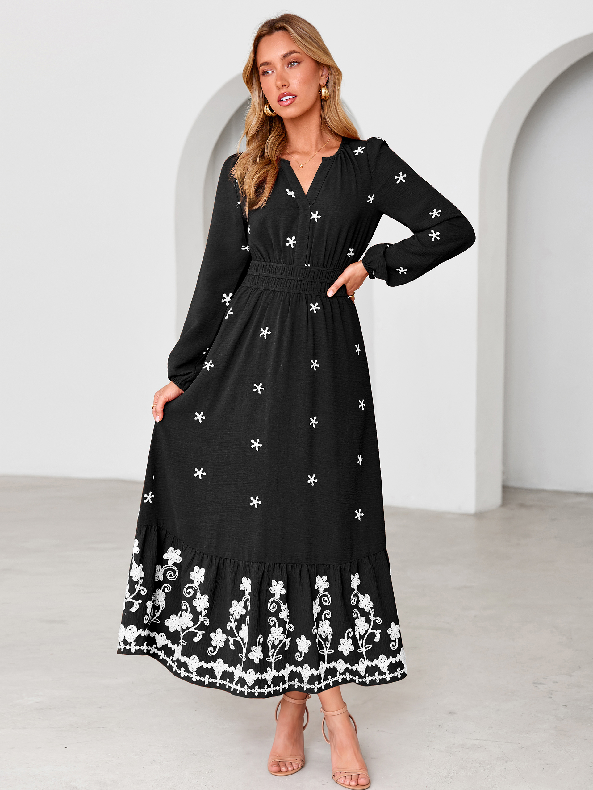 Boho Floral Embroidered Long Sleeve Maxi Dress