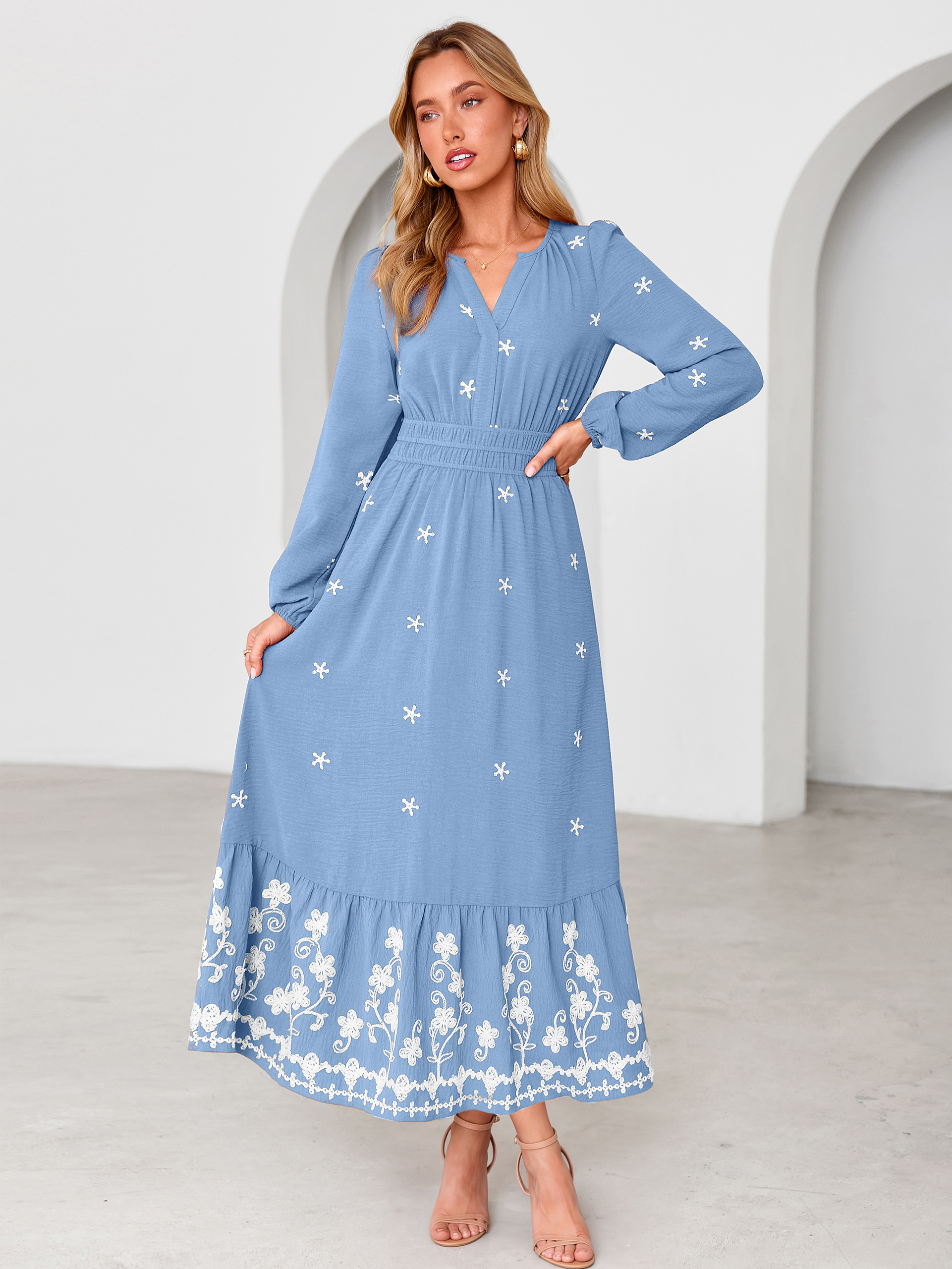 Boho Floral Embroidered Long Sleeve Maxi Dress