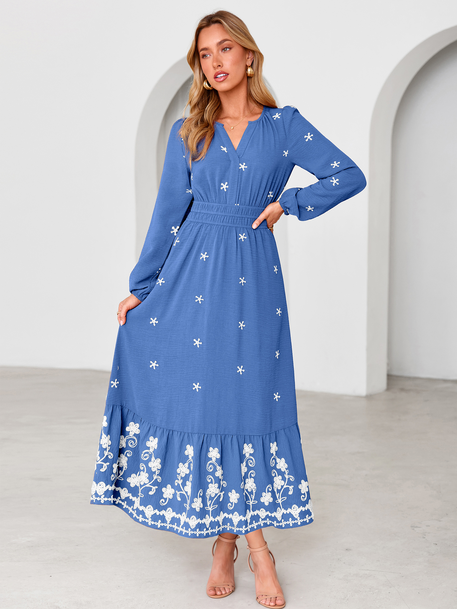 Boho Floral Embroidered Long Sleeve Maxi Dress