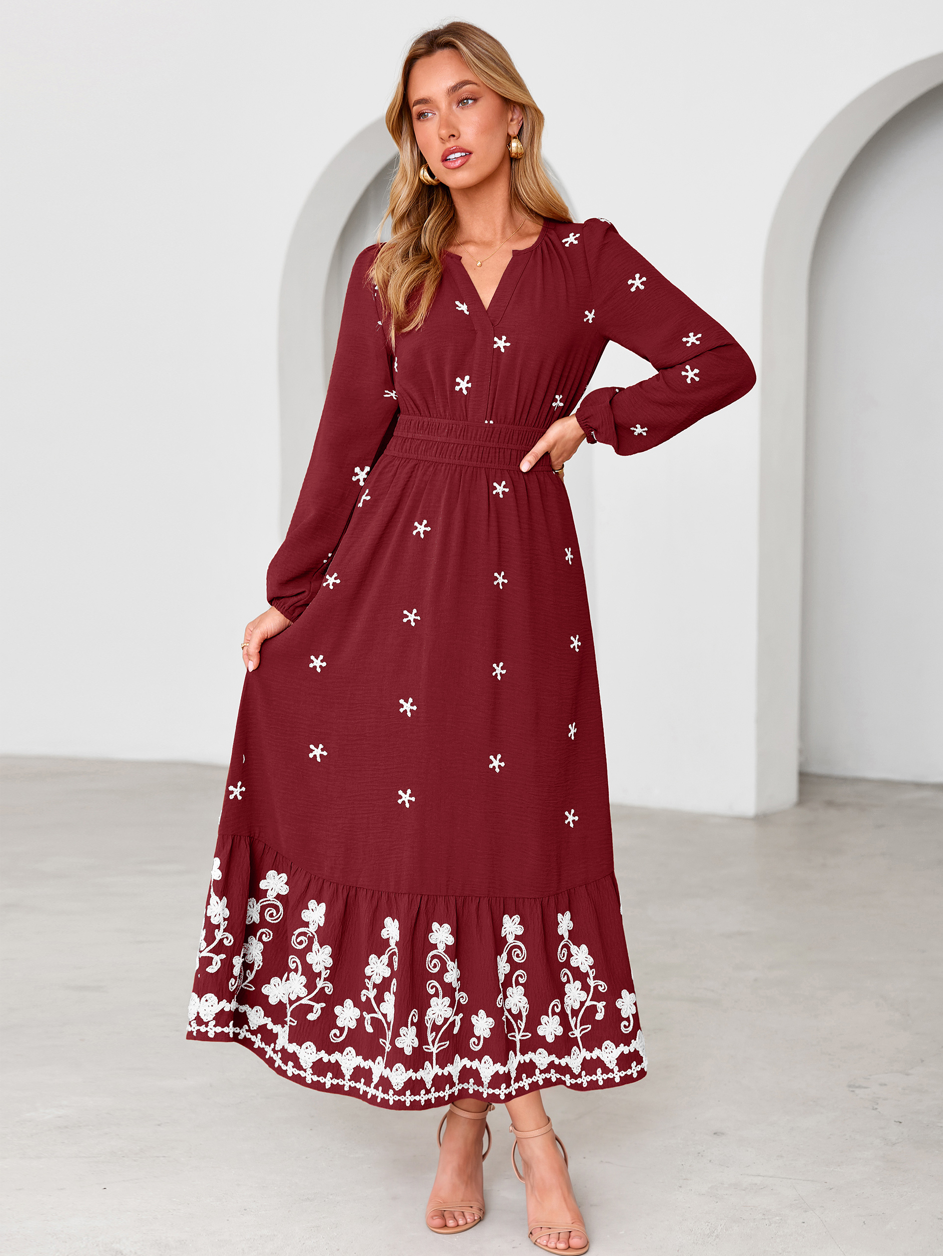 Boho Floral Embroidered Long Sleeve Maxi Dress