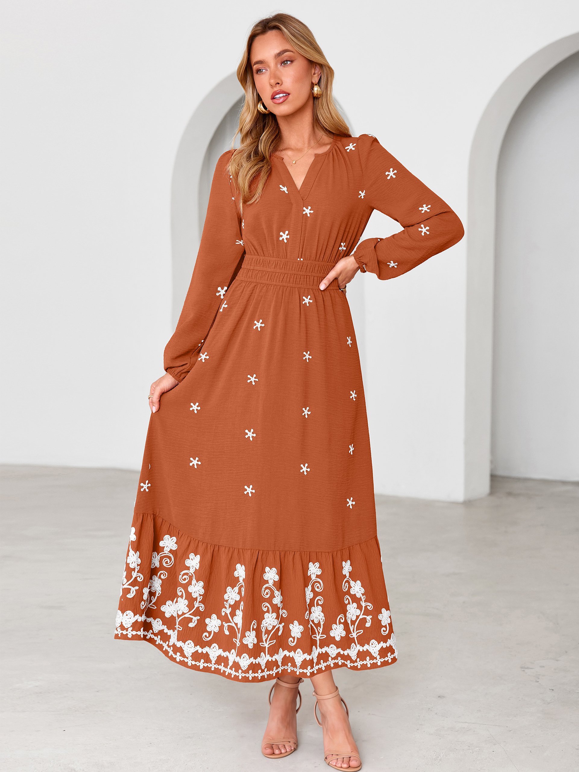 Boho Floral Embroidered Long Sleeve Maxi Dress