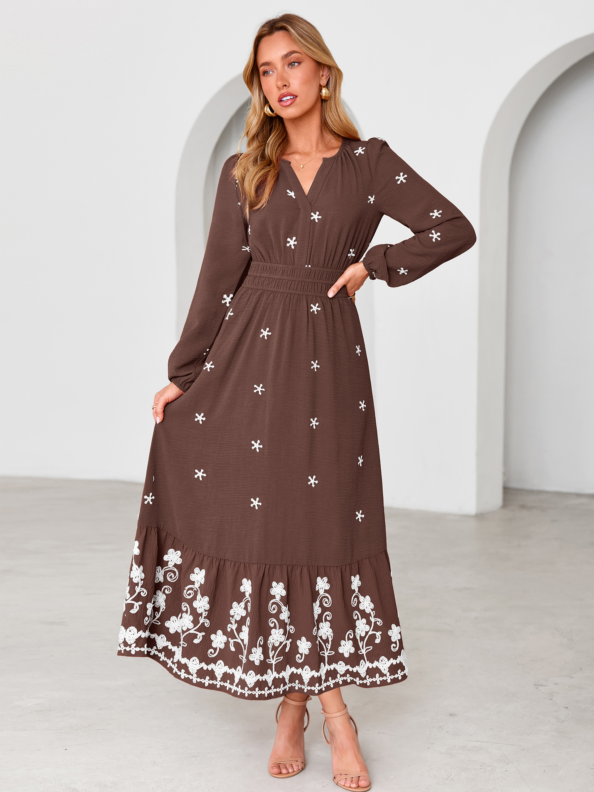 Boho Floral Embroidered Long Sleeve Maxi Dress