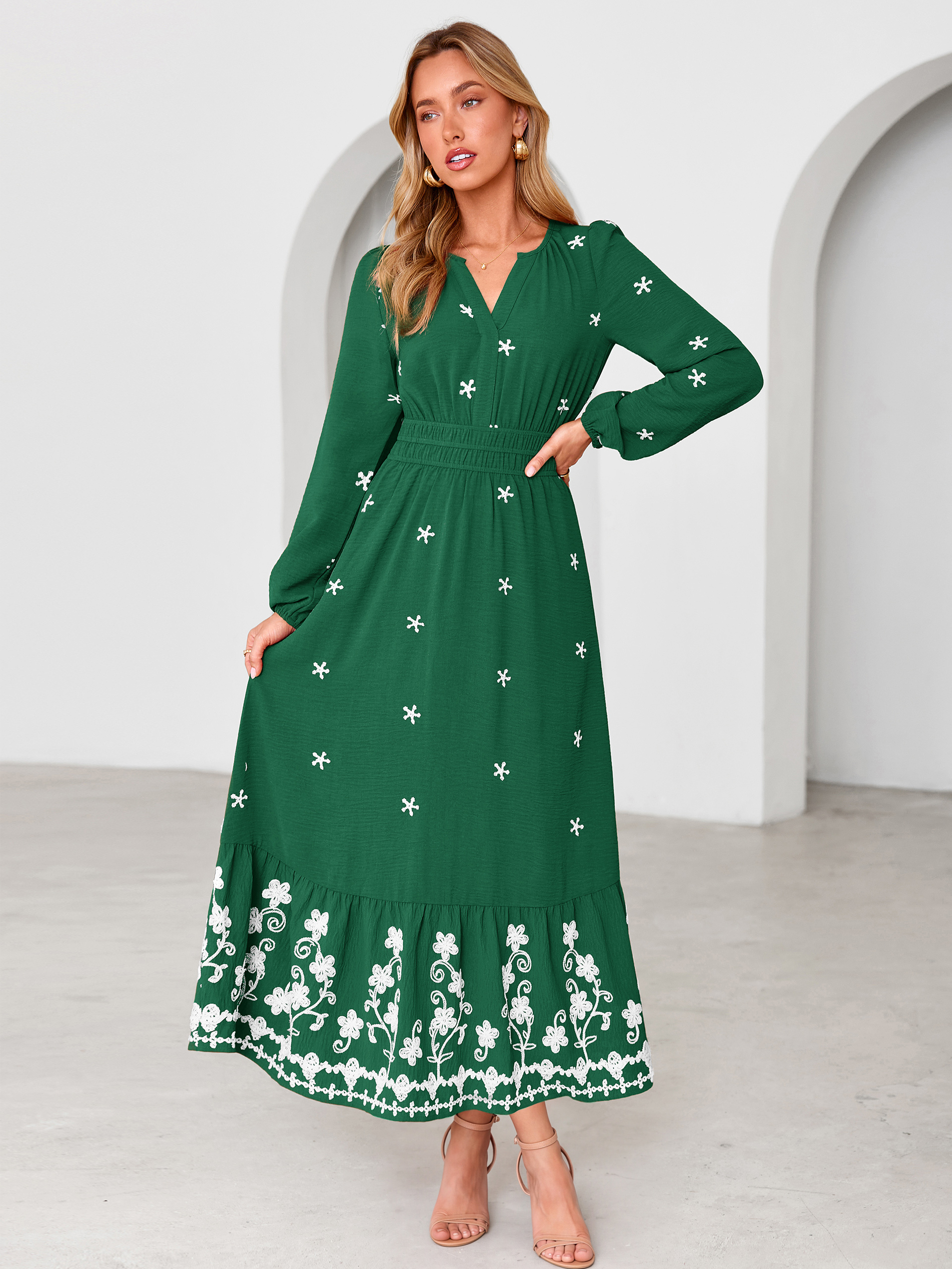 Boho Floral Embroidered Long Sleeve Maxi Dress