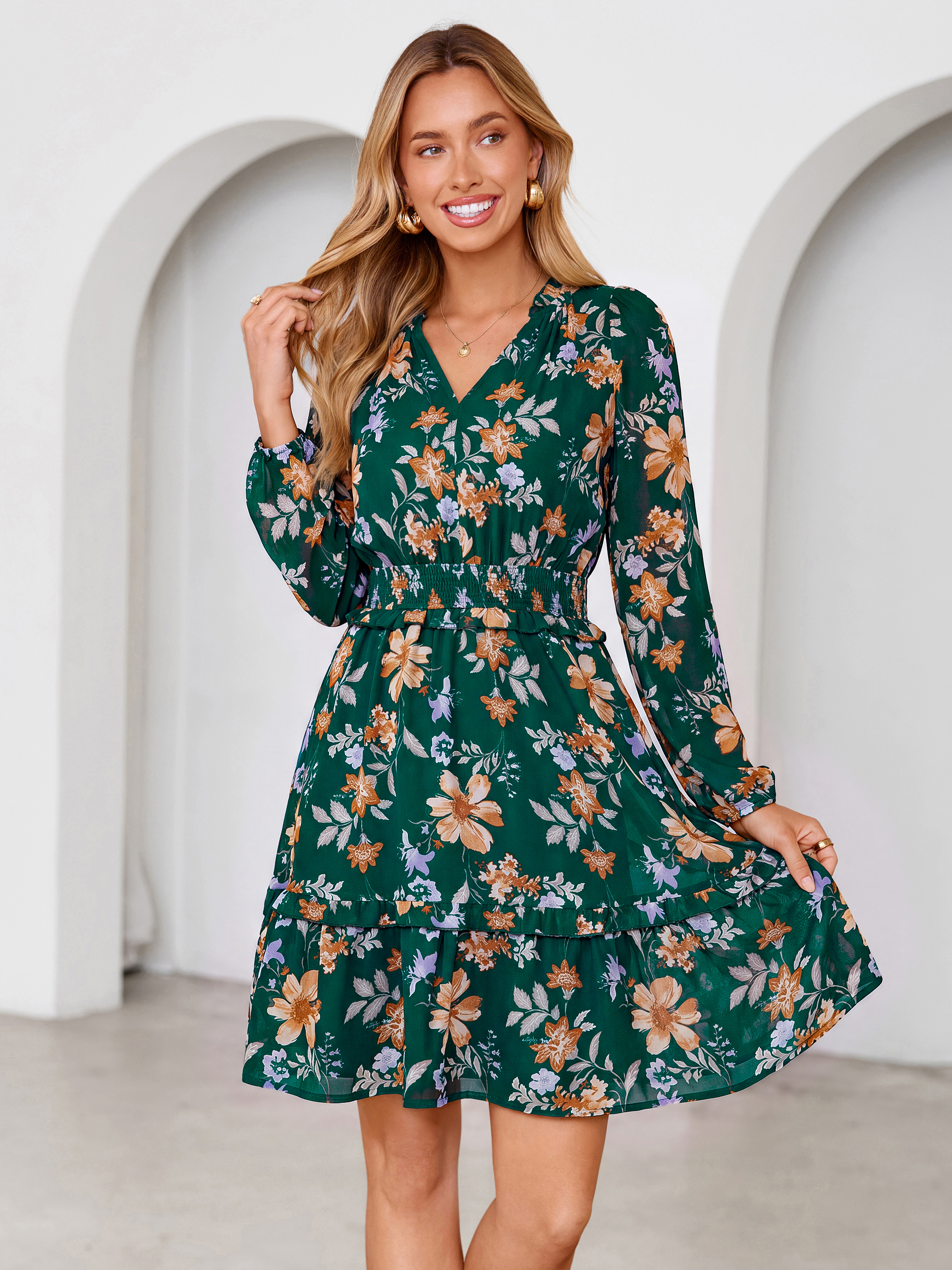 Chiffon Floral Print Long Sleeve Smocked Mini Dress