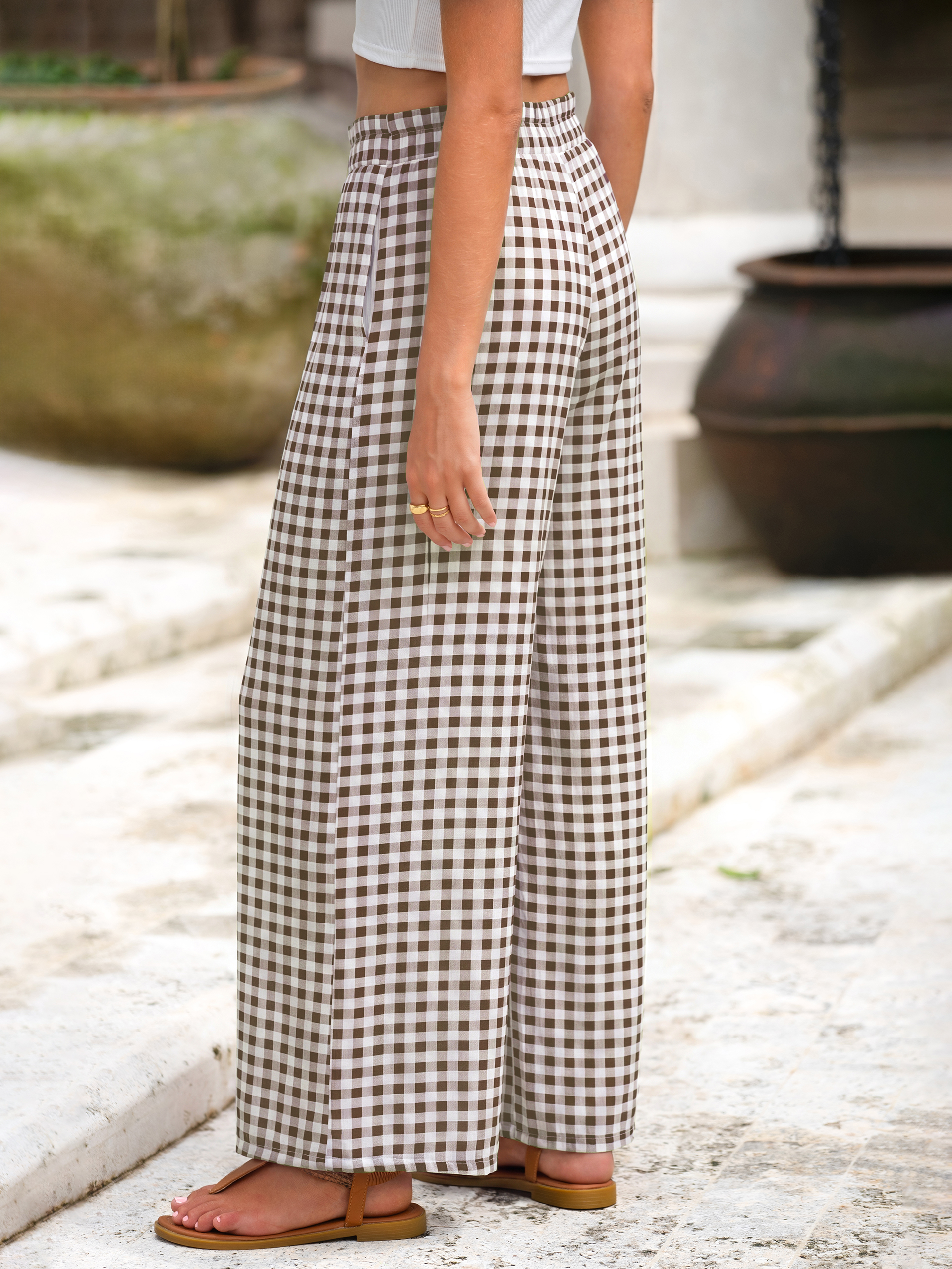 High Waisted Plaid Wide Leg Pants with Pockets