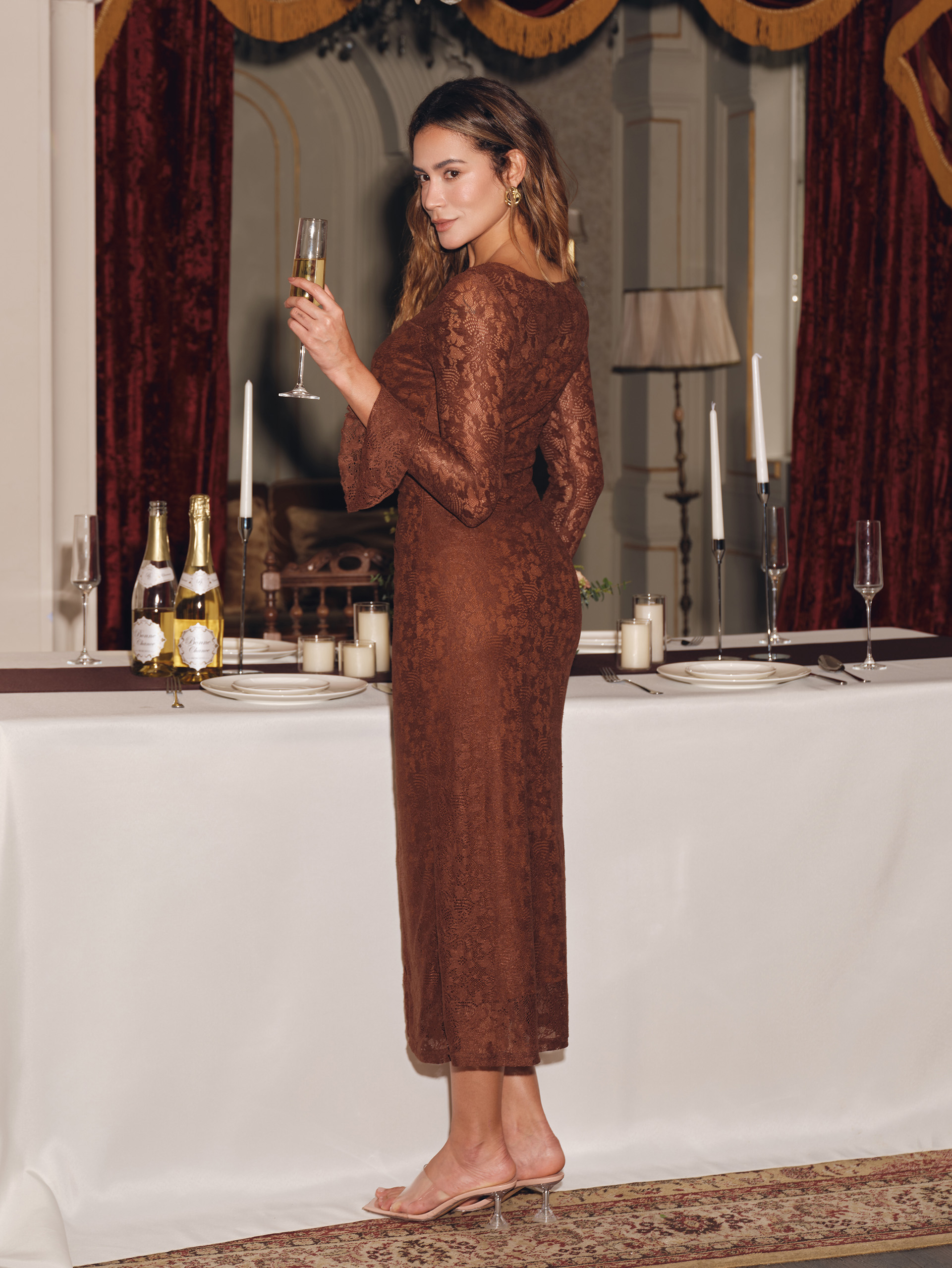 Ruched Lace Bell Sleeve Bodycon Maxi Dress