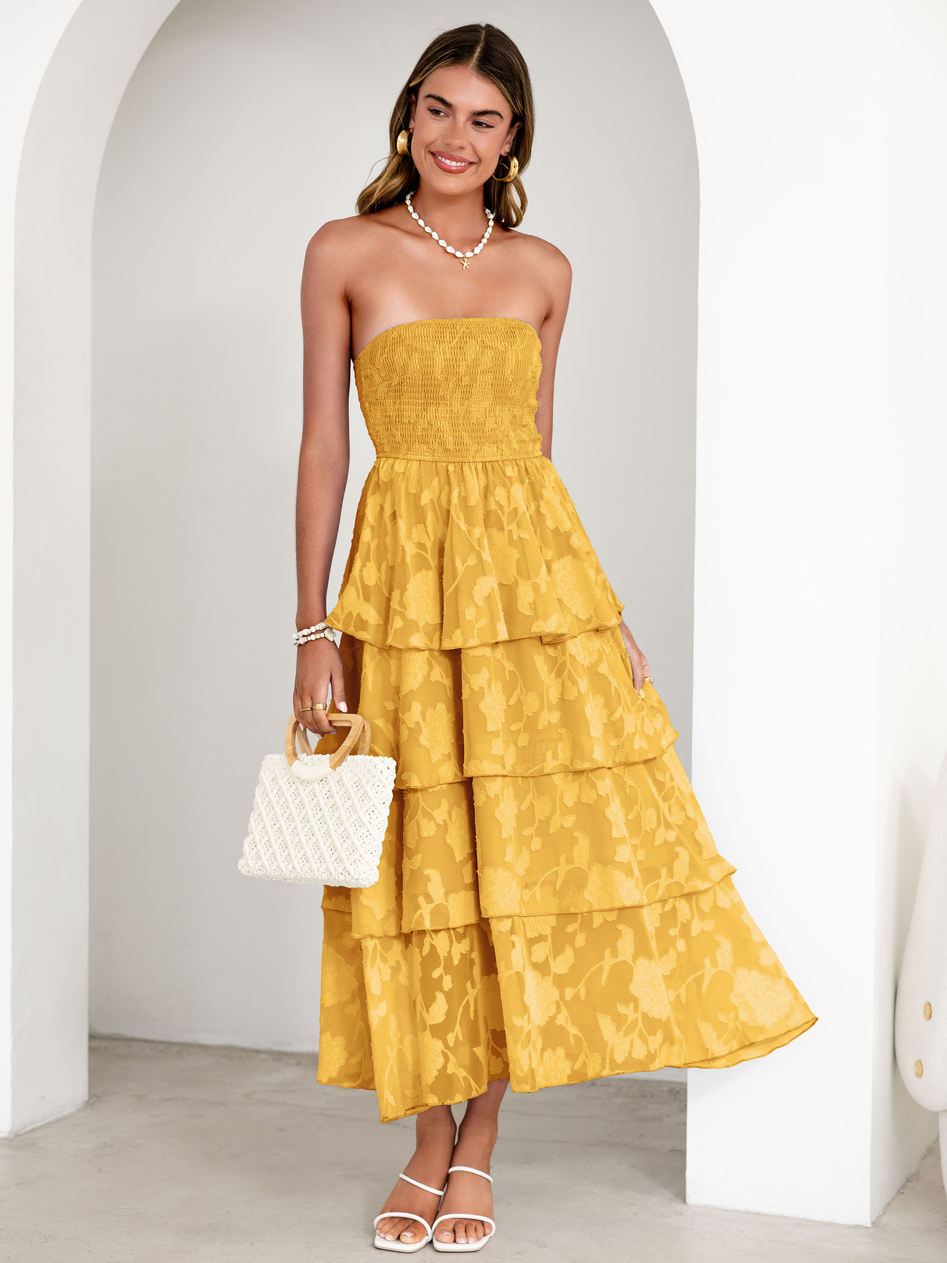 Floral Strapless Smocked Tiered Maxi Dress