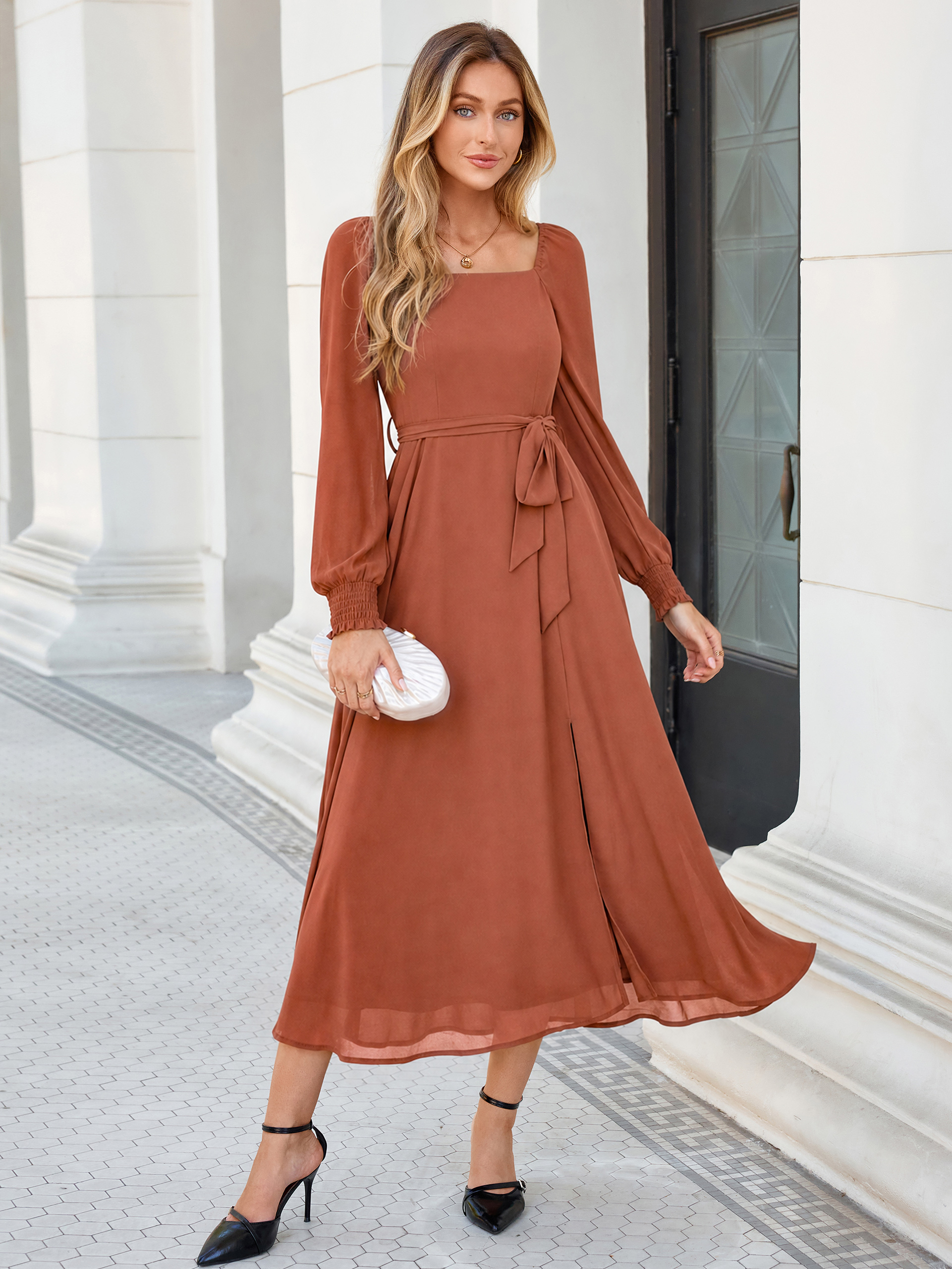 Square Neck Long Sleeve Chiffon A-Line Maxi Dress