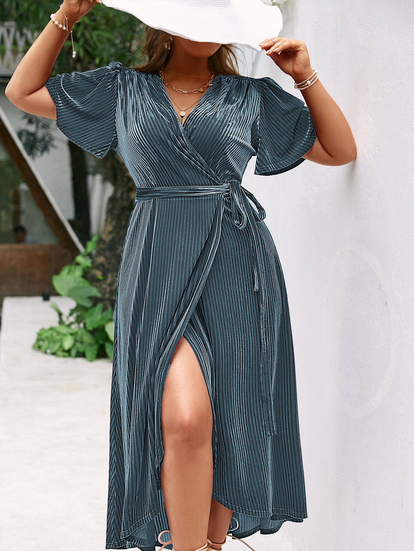 Plus Size Velvet V Neck Short Sleeve Wrap Maxi Dress