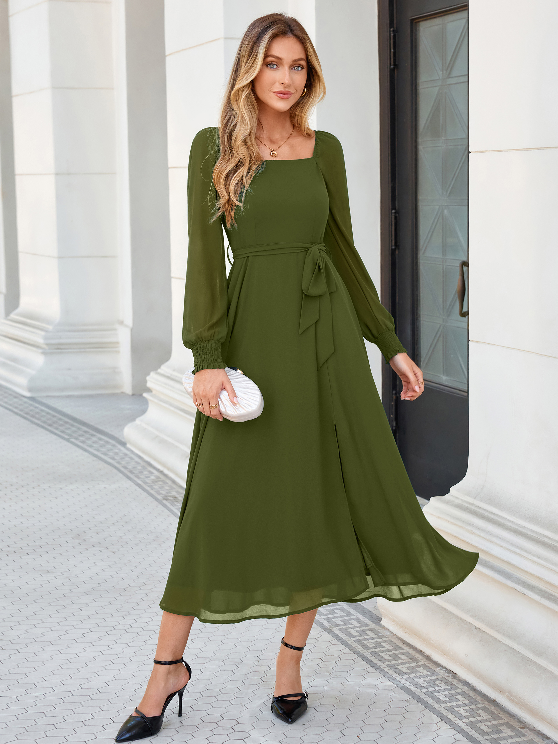 Square Neck Long Sleeve Chiffon A-Line Maxi Dress