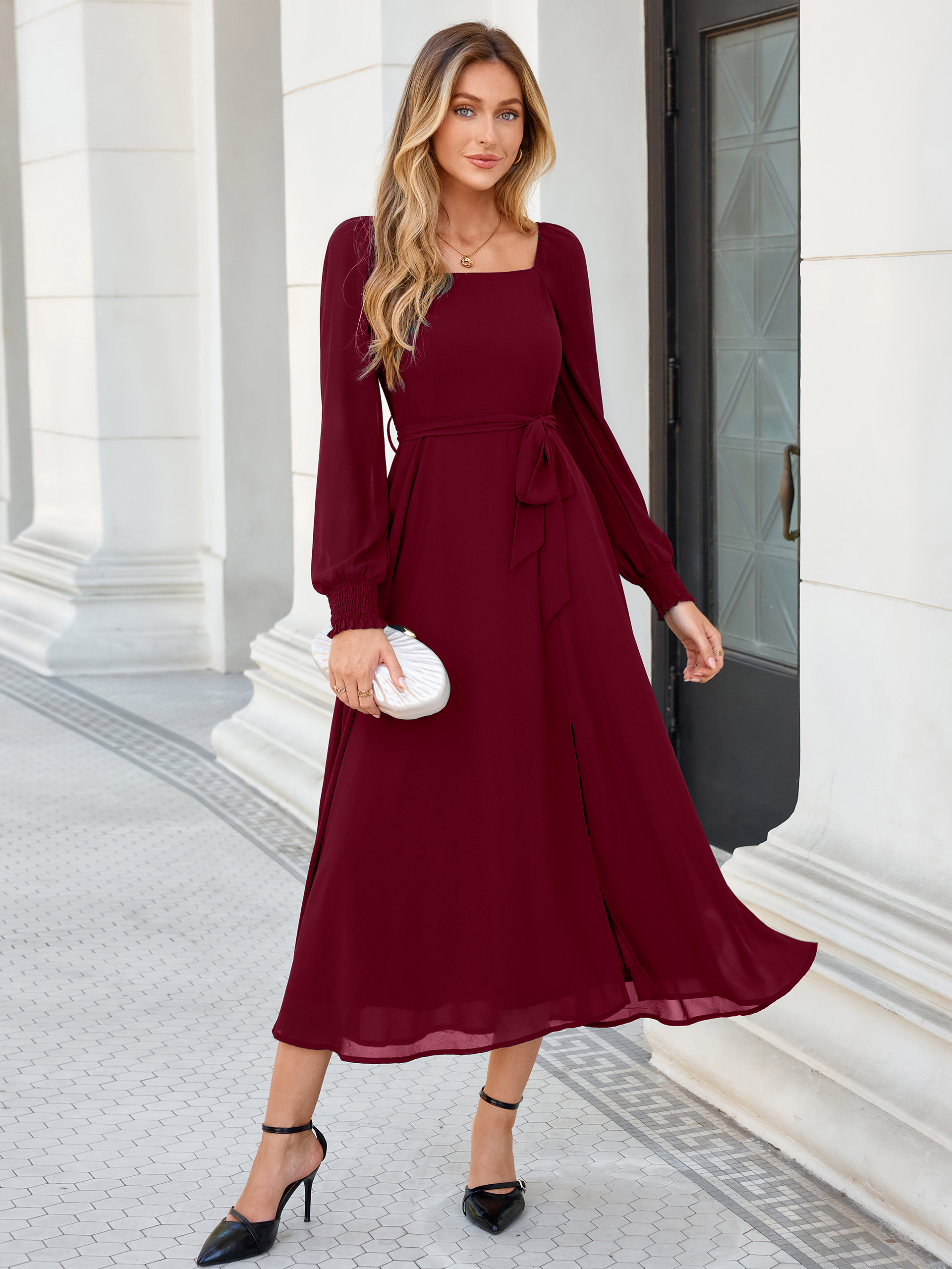 Square Neck Long Sleeve Chiffon A-Line Maxi Dress