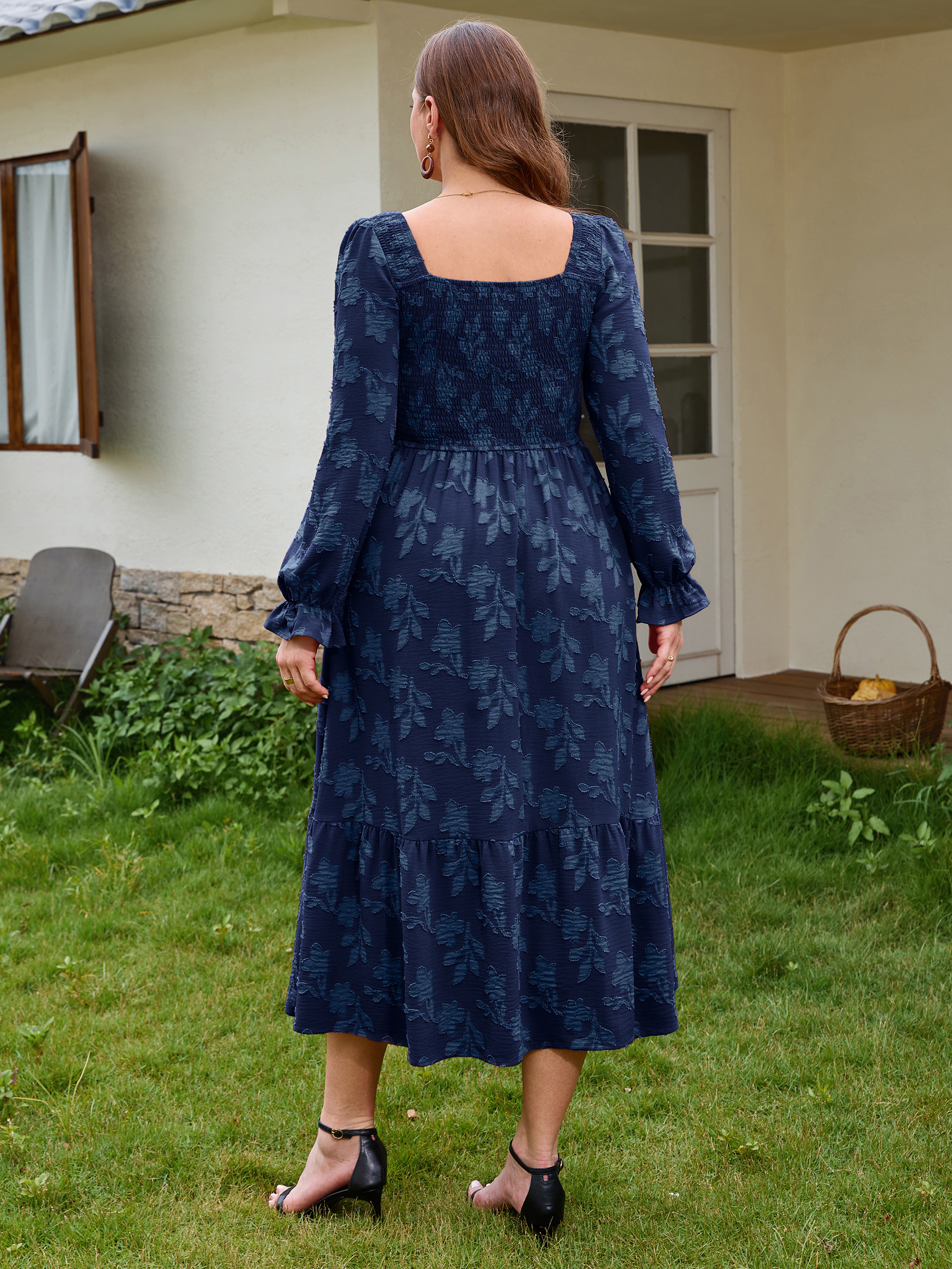 Plus Size Smocked Square Neck Long Sleeve Floral Maxi Dress