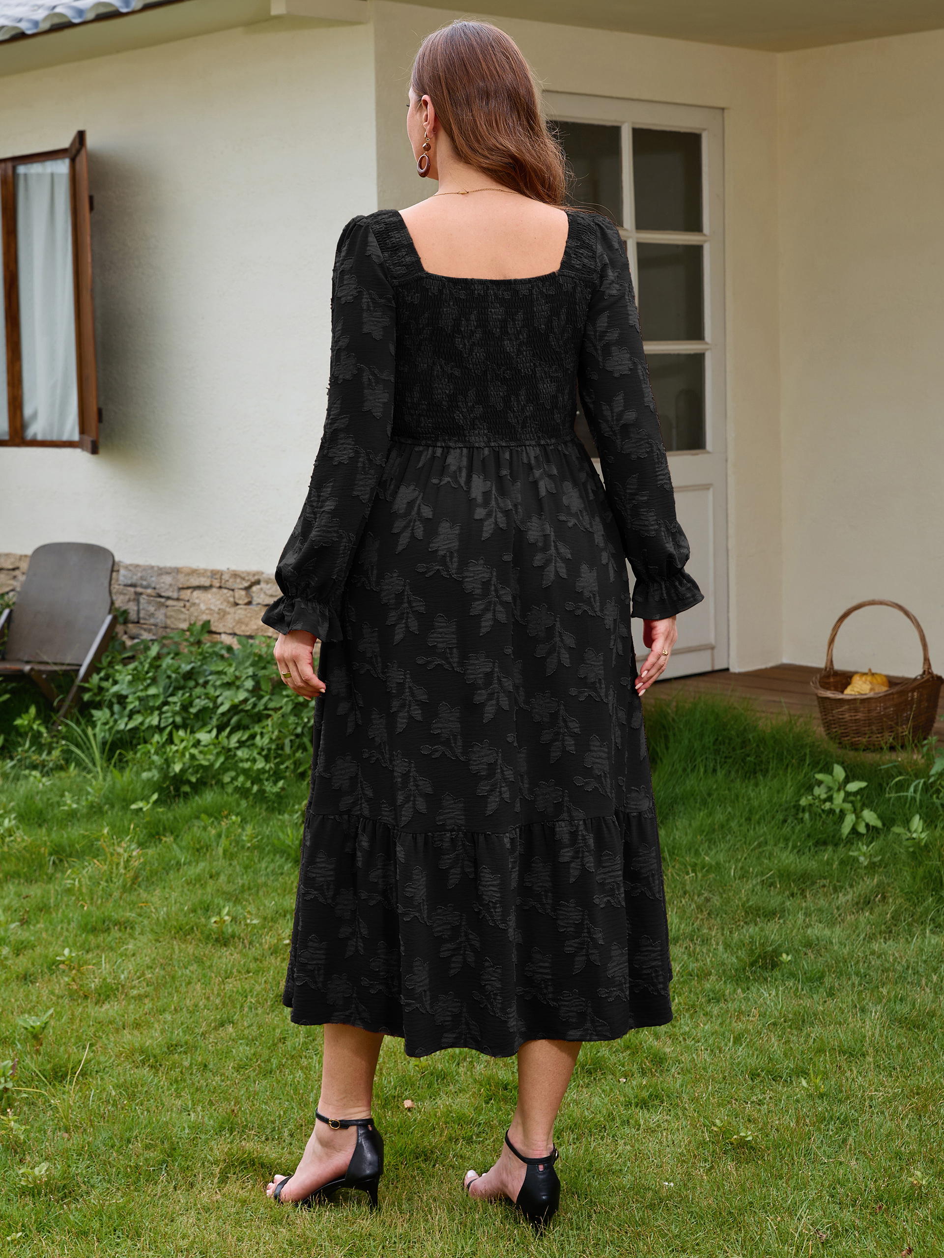 Plus Size Smocked Square Neck Long Sleeve Floral Maxi Dress