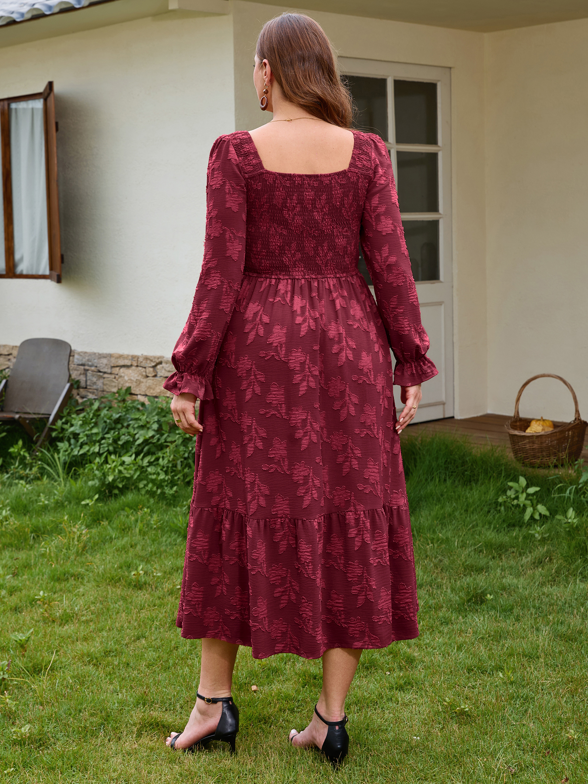 Plus Size Smocked Square Neck Long Sleeve Floral Maxi Dress