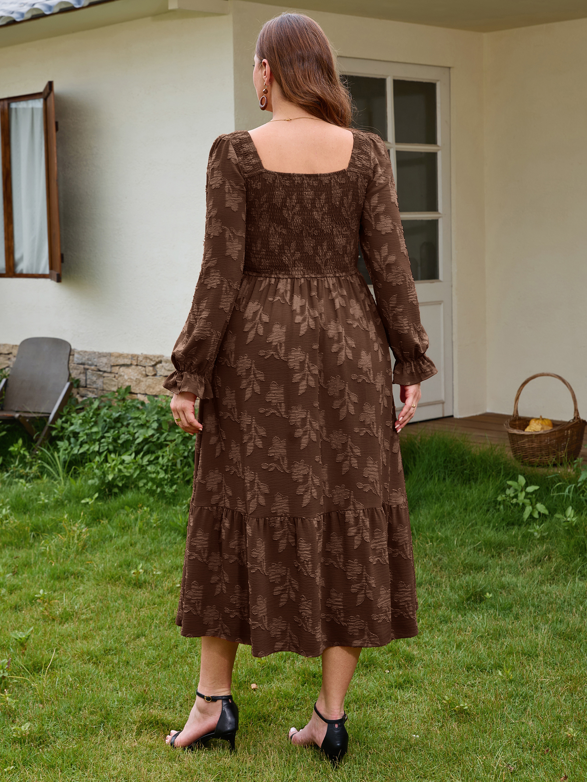 Plus Size Smocked Square Neck Long Sleeve Floral Maxi Dress