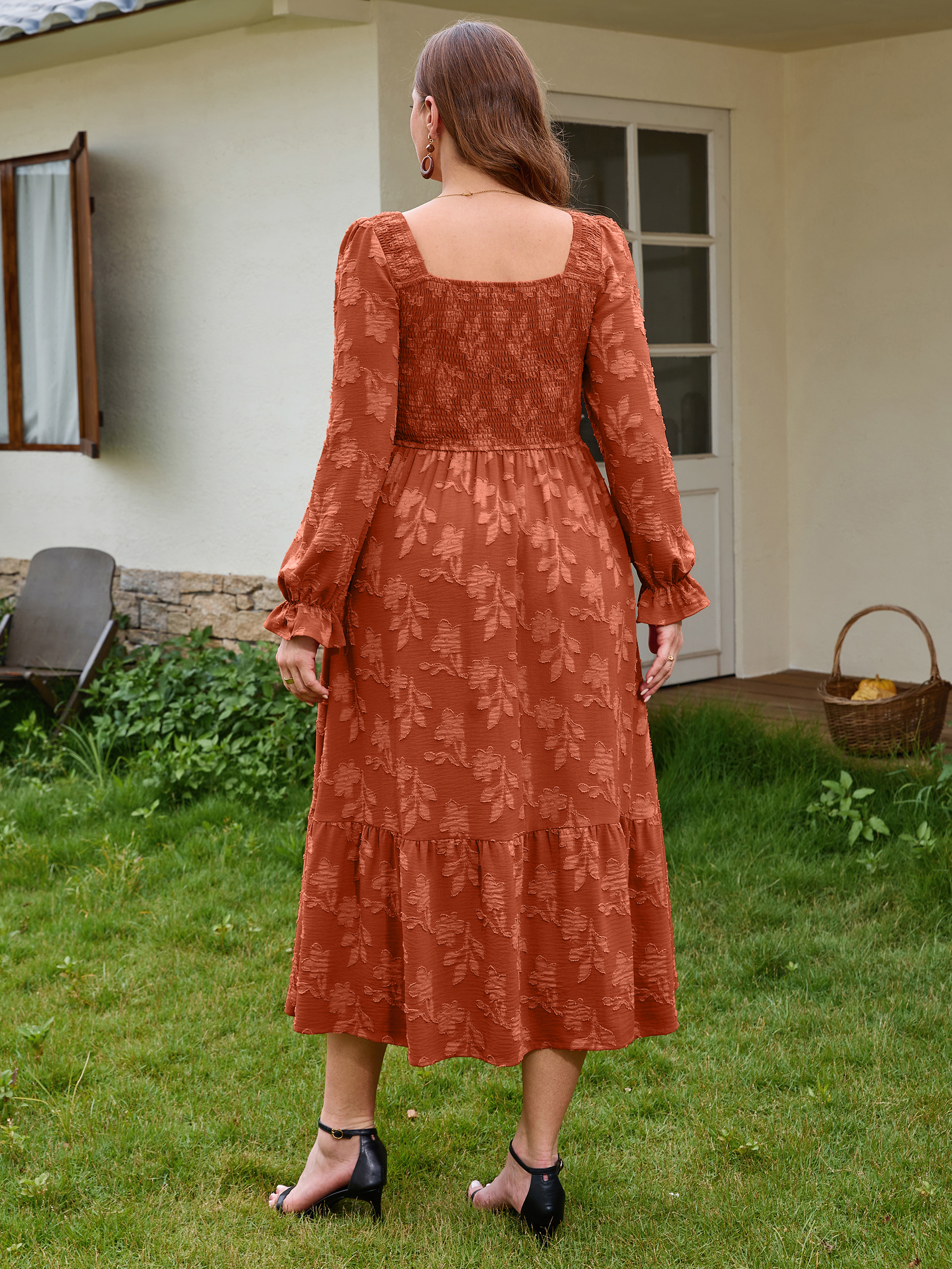 Plus Size Smocked Square Neck Long Sleeve Floral Maxi Dress