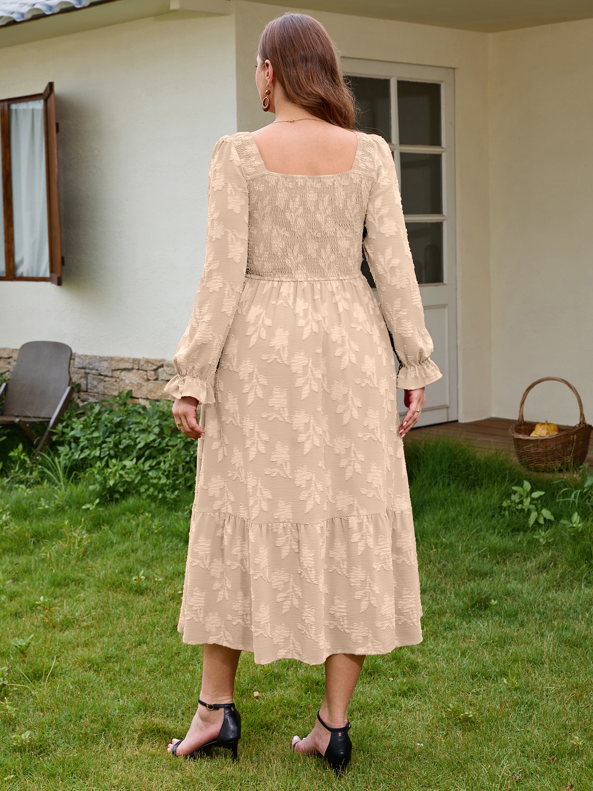 Plus Size Smocked Square Neck Long Sleeve Floral Maxi Dress