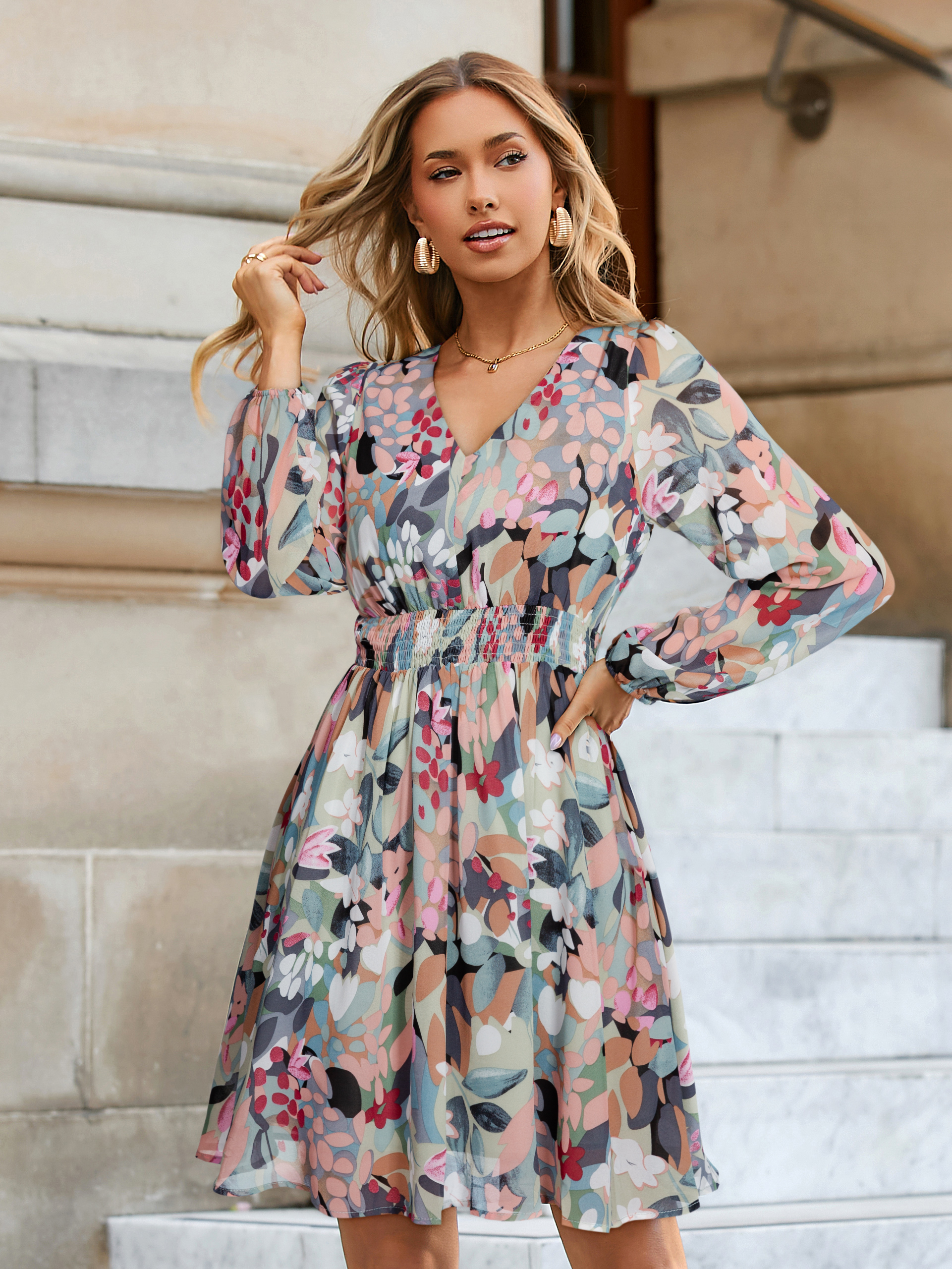 Boho Flowy Floral Chiffon Wedding Guest Mini Dress