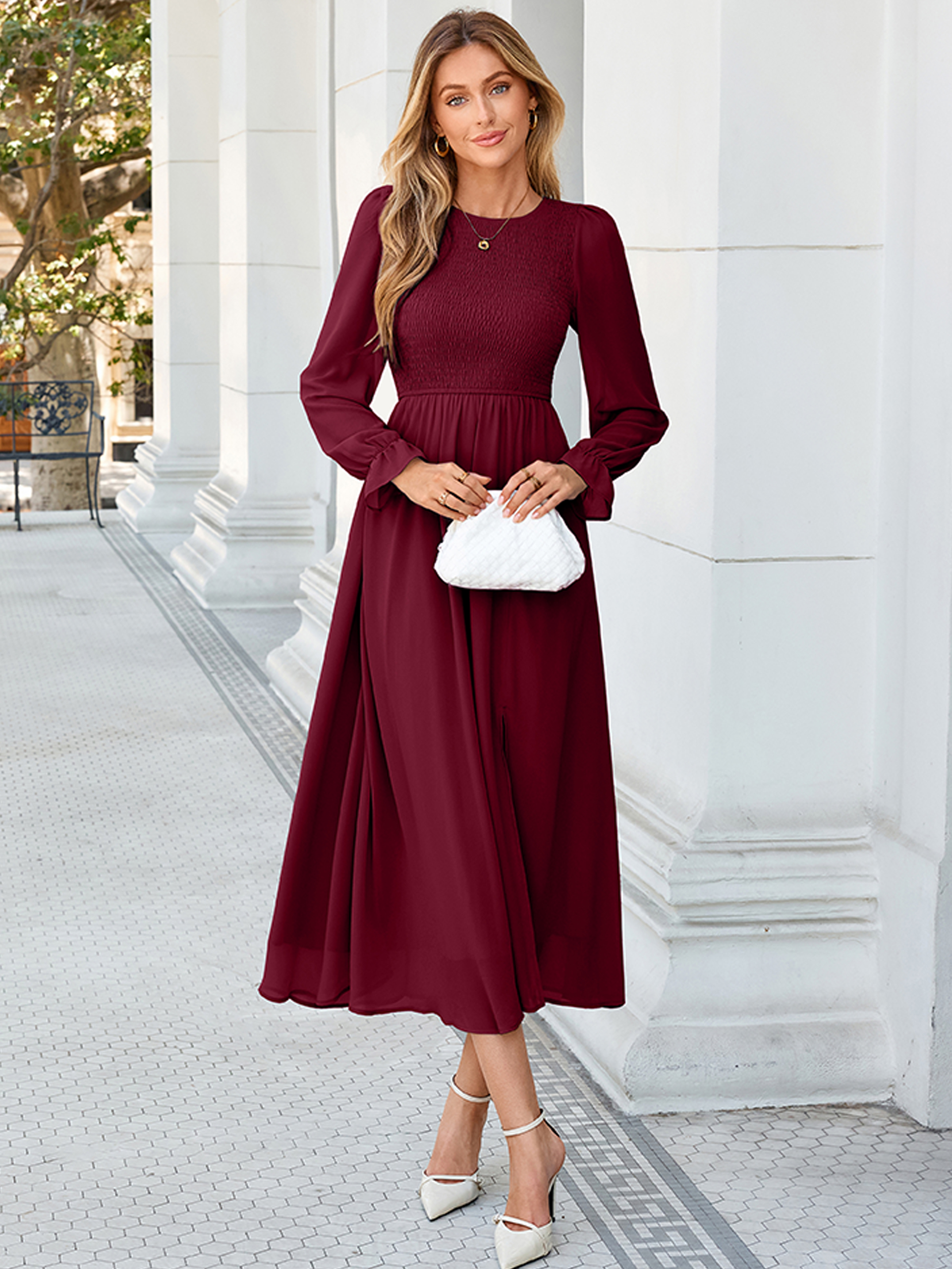 Smocked Bodice Crew Neck Long Sleeve Chiffon Maxi Dress