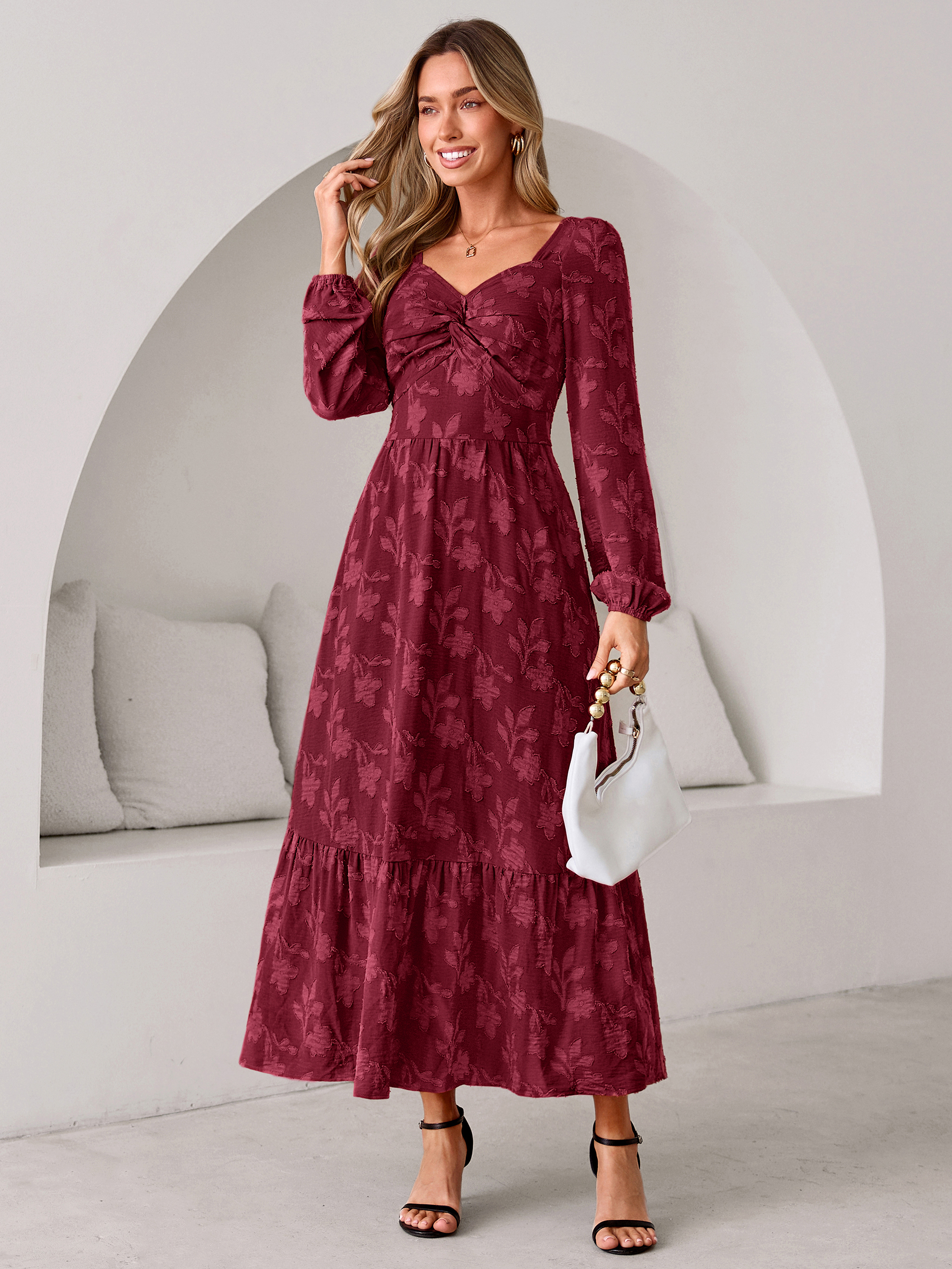 Burnout Floral Print Twist Front Long Sleeve Maxi Dress