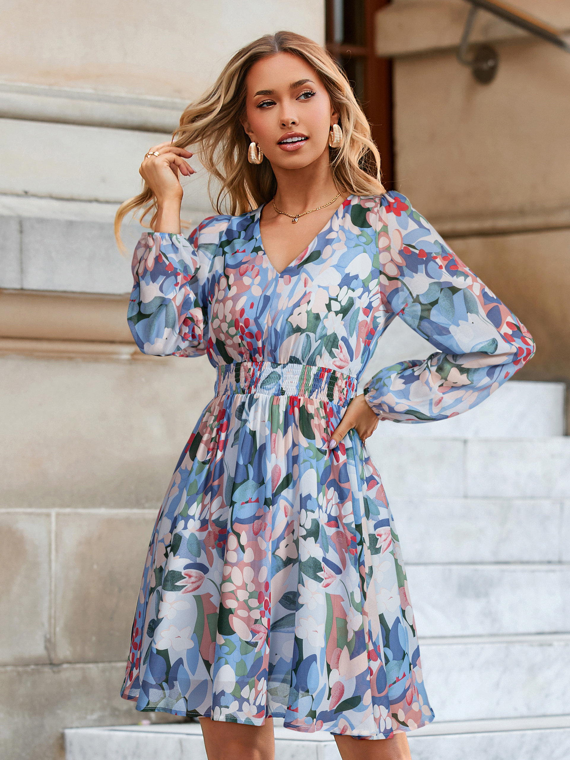 Boho Flowy Floral Chiffon Wedding Guest Mini Dress