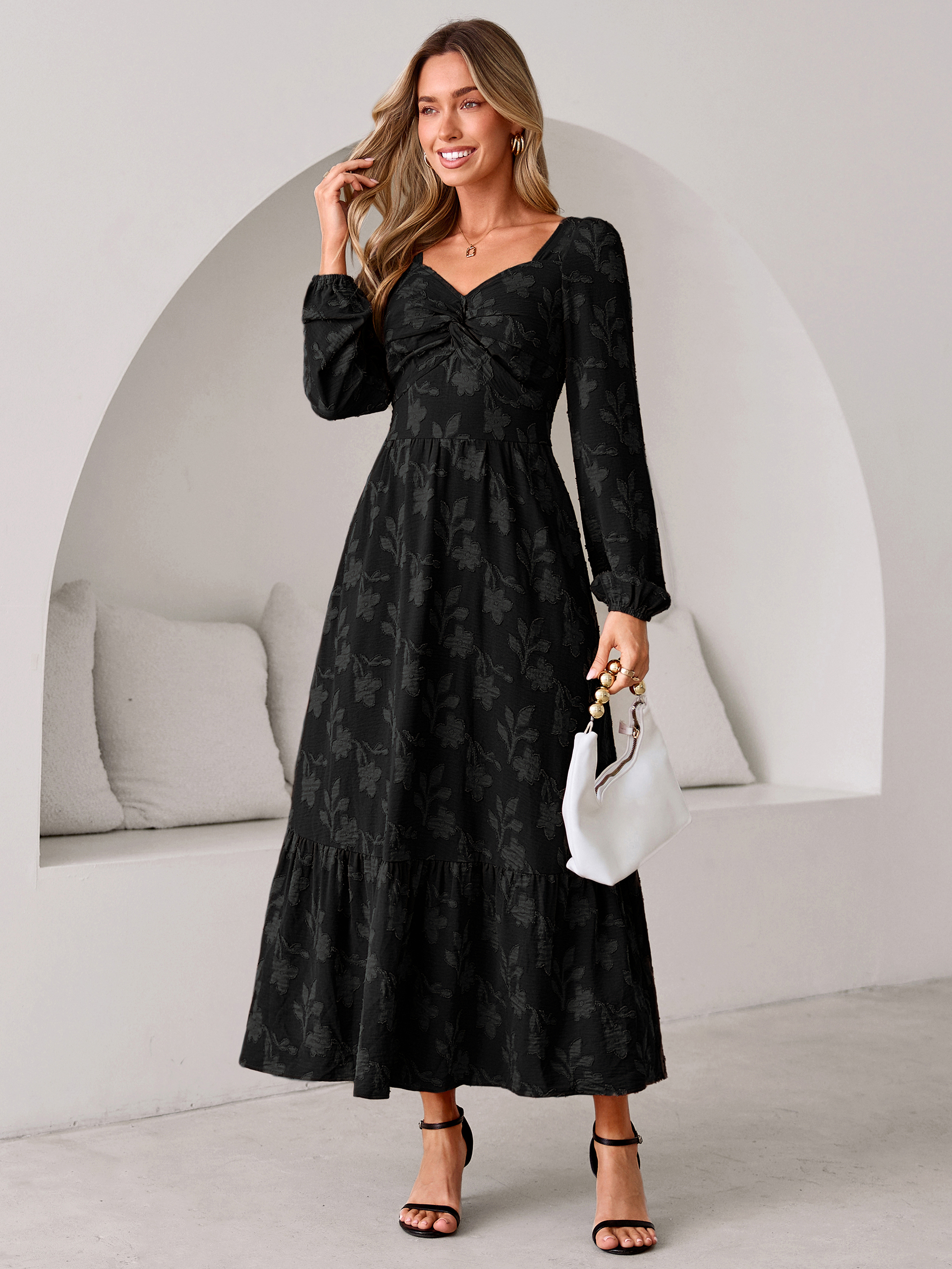 Burnout Floral Print Twist Front Long Sleeve Maxi Dress