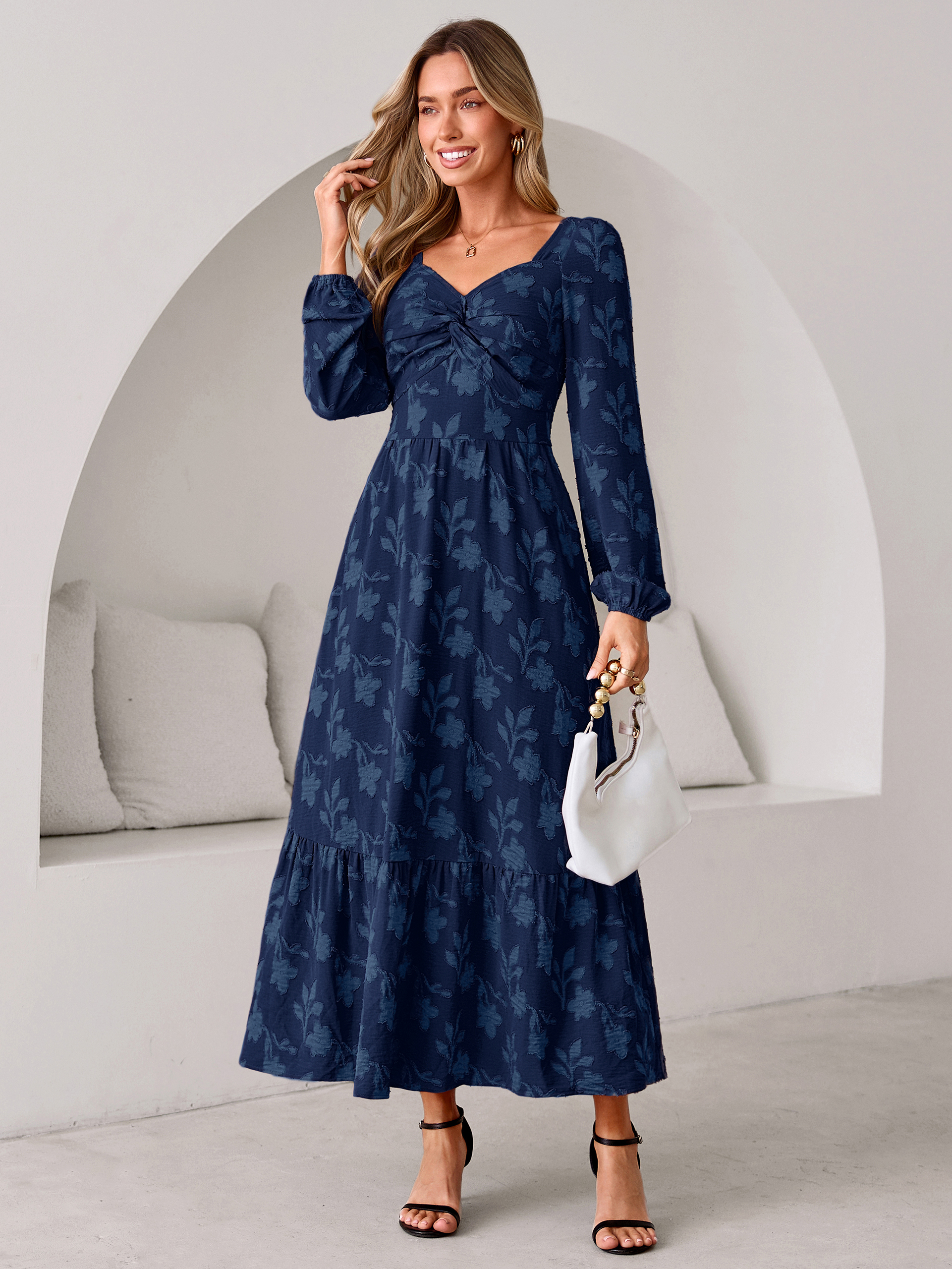 Burnout Floral Print Twist Front Long Sleeve Maxi Dress