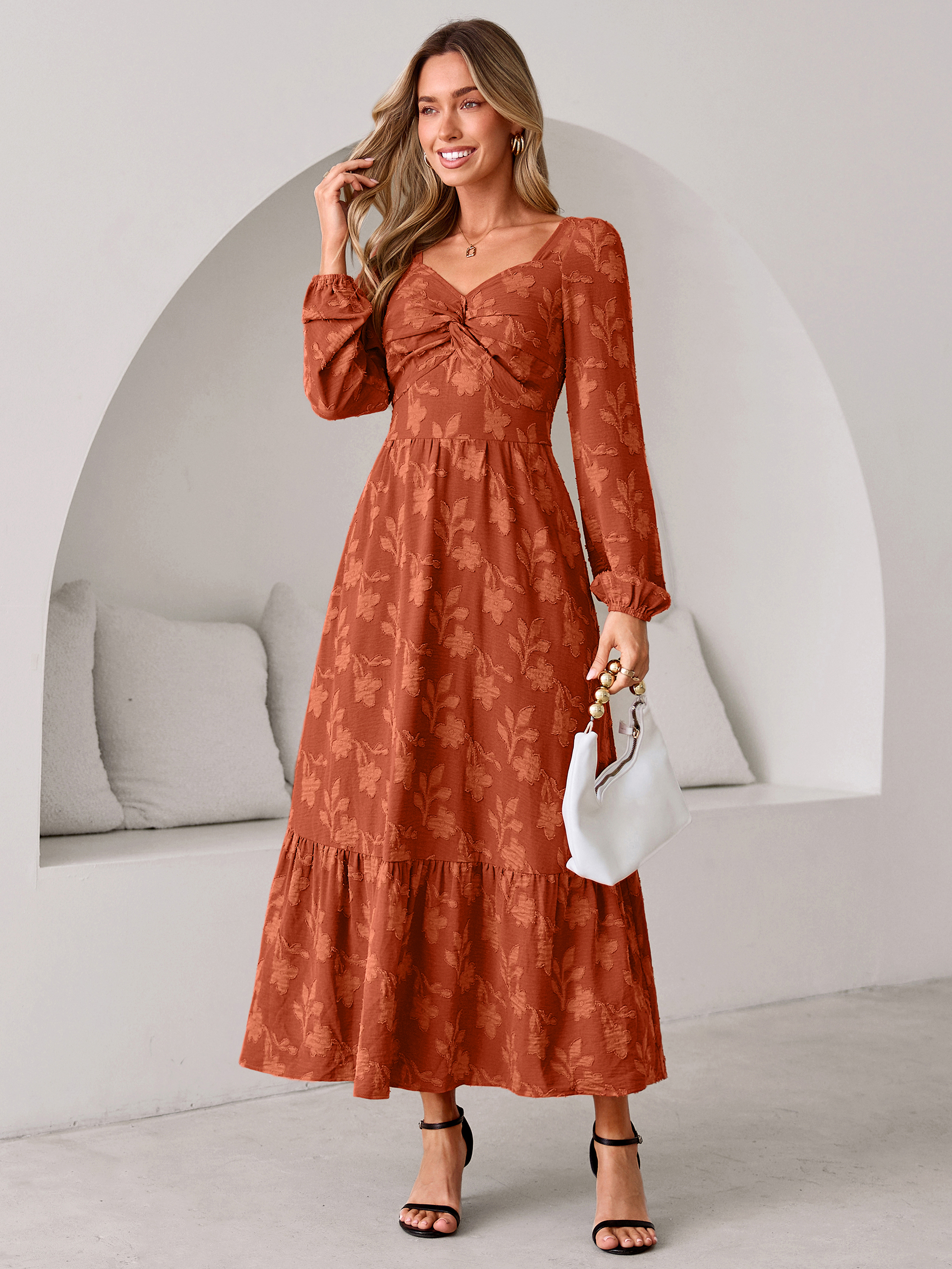 Burnout Floral Print Twist Front Long Sleeve Maxi Dress