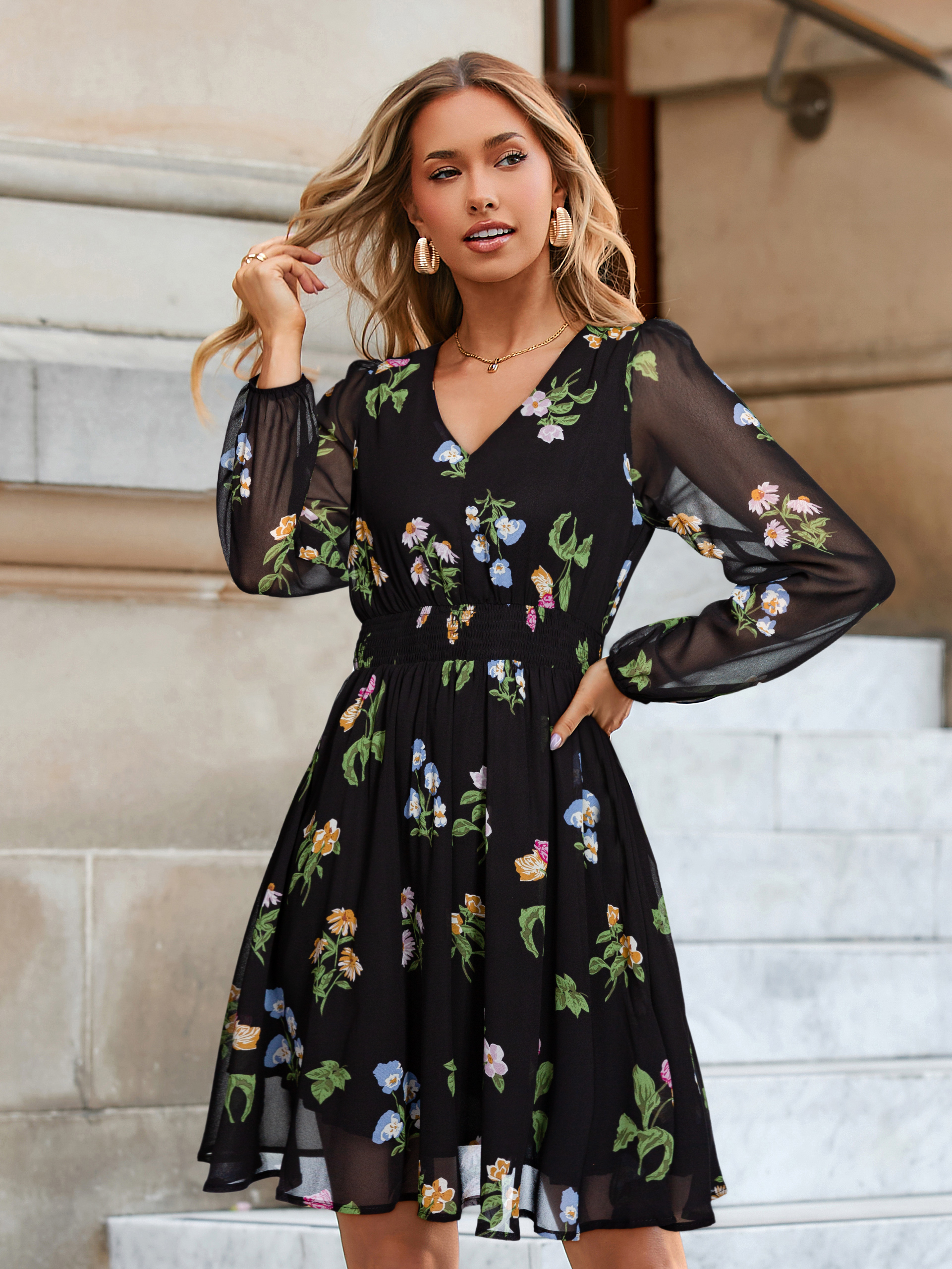 Boho Flowy Floral Chiffon Wedding Guest Mini Dress