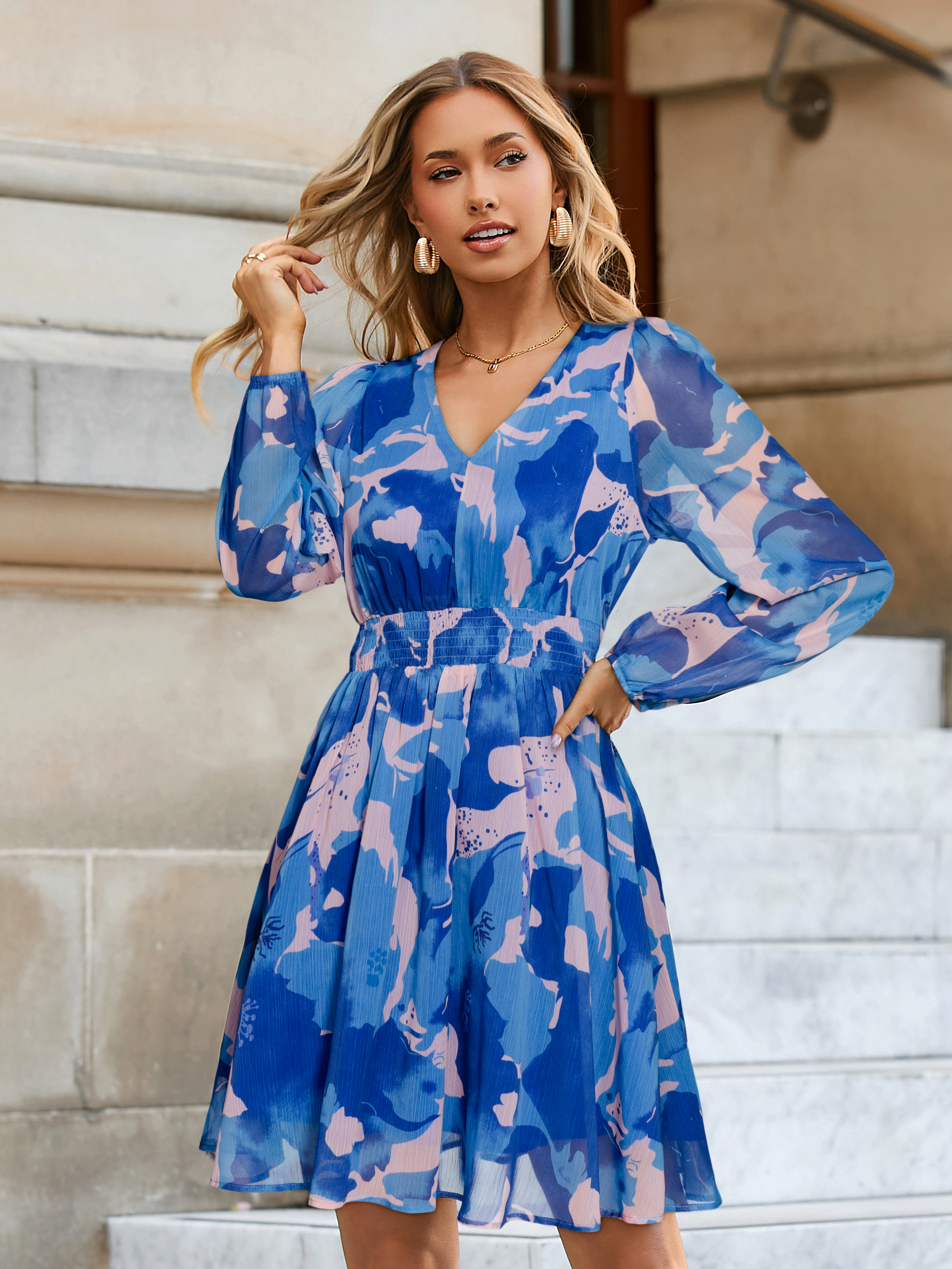 Boho Flowy Floral Chiffon Wedding Guest Mini Dress