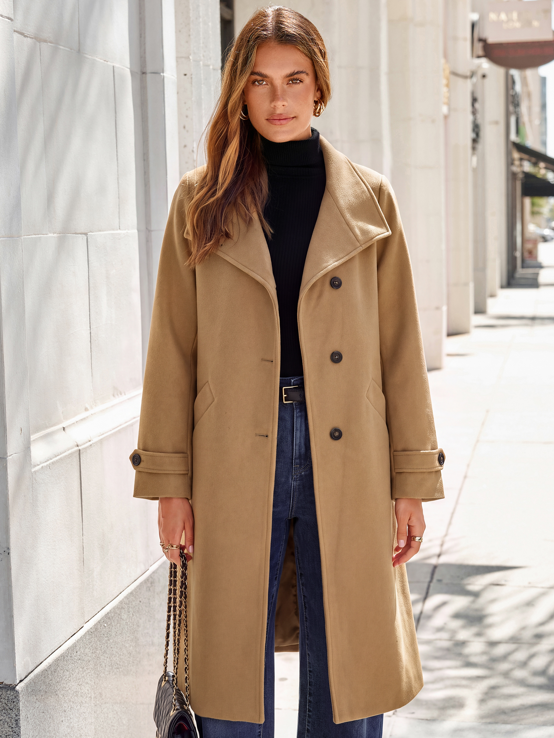 Solid Single Breasted Belted Tweed Long Peacoat