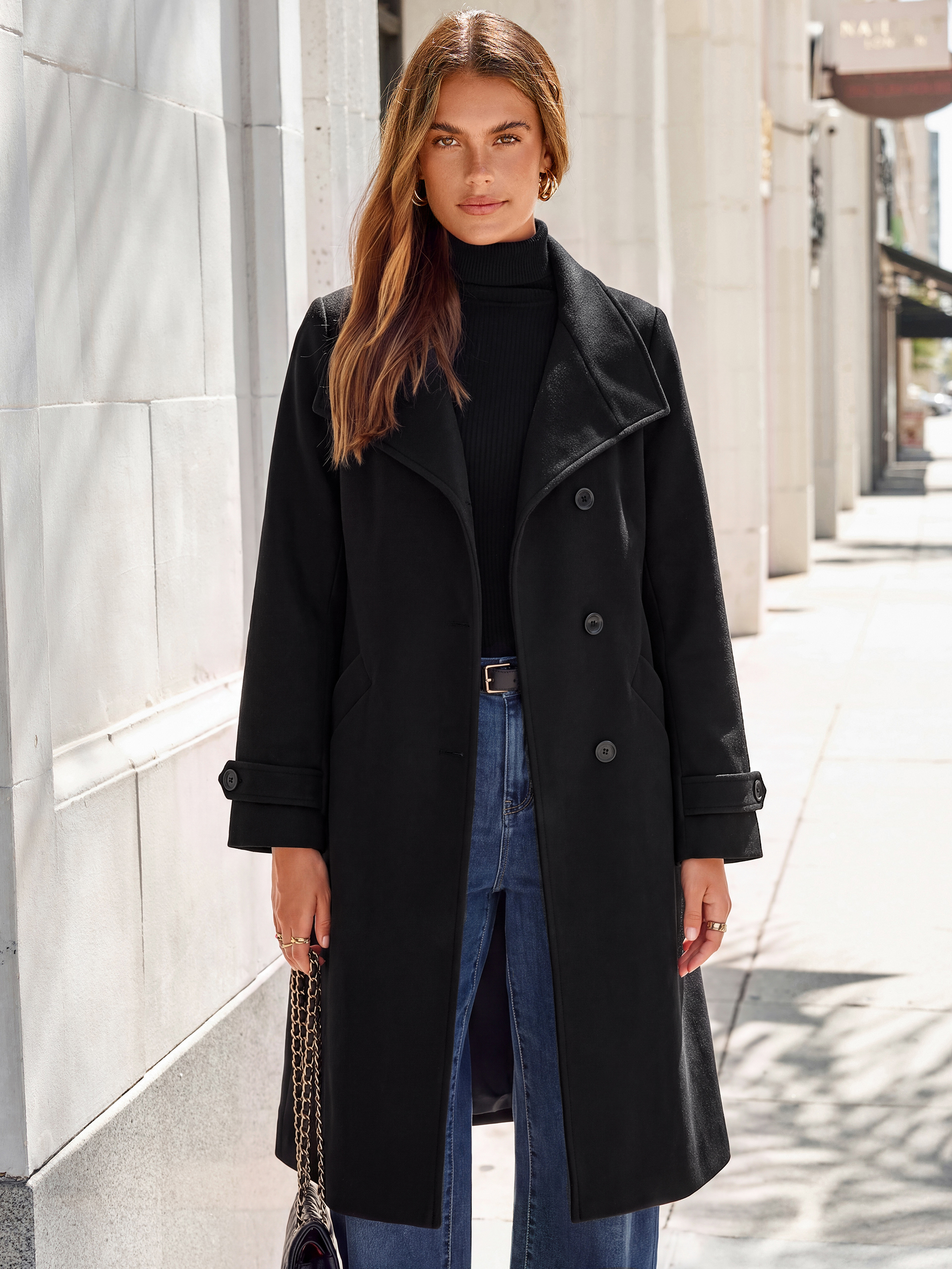 Solid Single Breasted Belted Tweed Long Peacoat