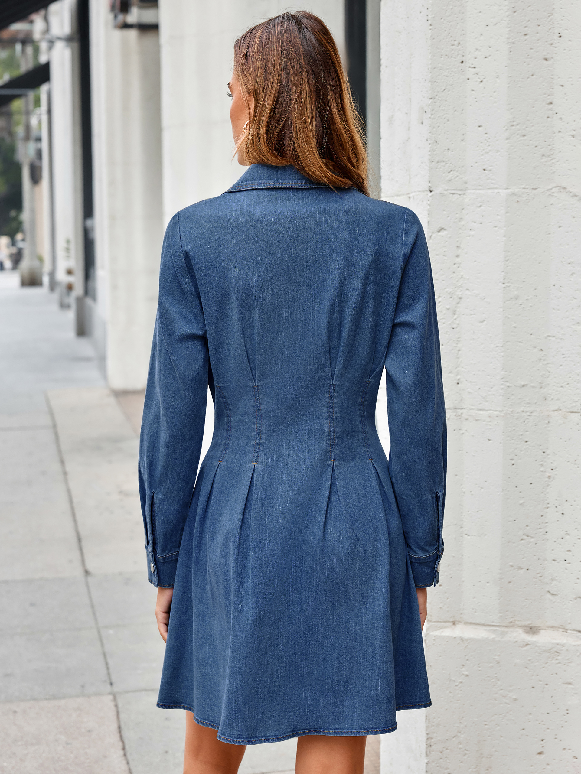 Button Front Stretch Denim Mini Shirt Dress
